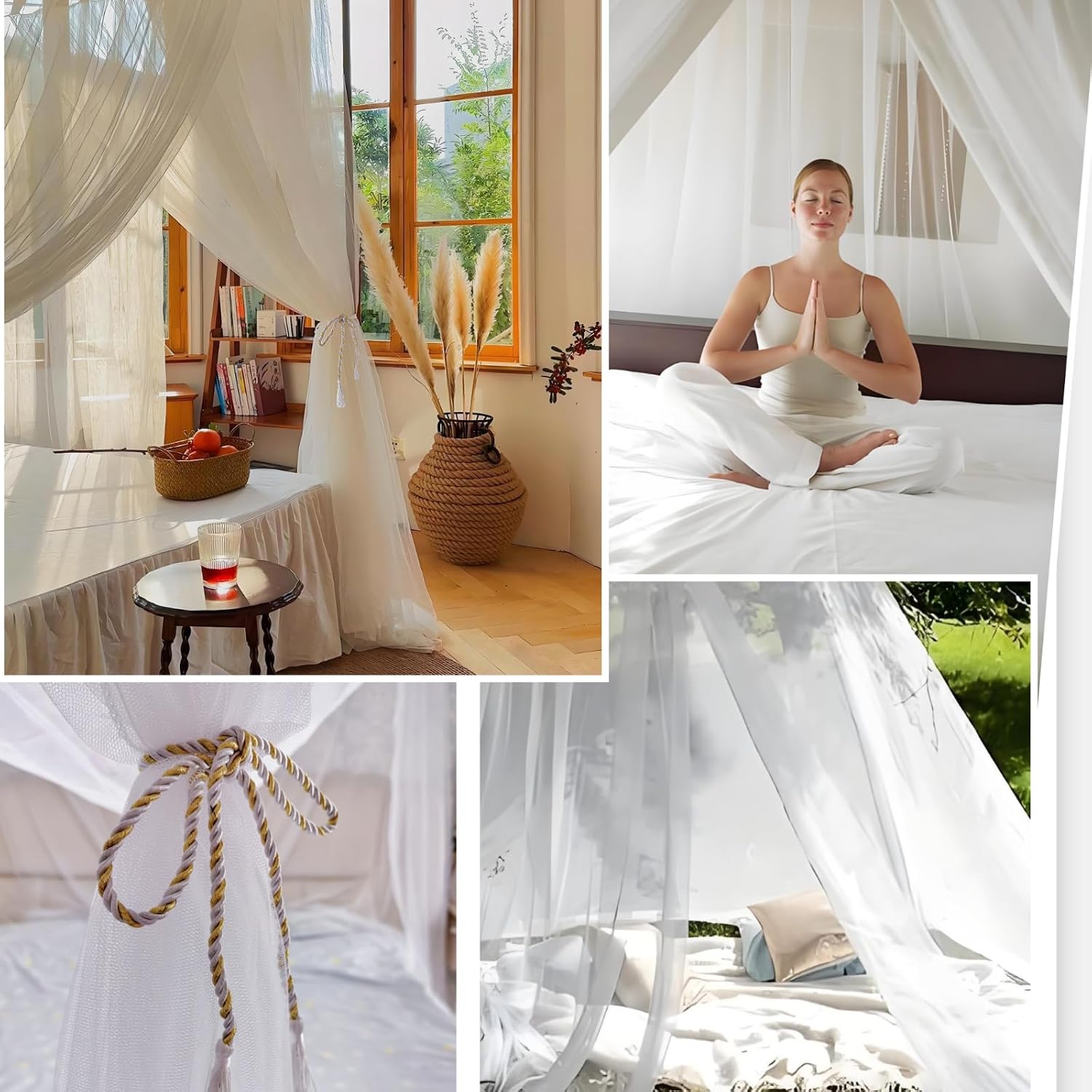 Mosquito Net, White Bed Canopy, Canopy Bed Curtains Bed Drapes for Single & Double Beds – Mesh Bed Cover with 4 Openings, Carry Bag – for Bedroom, Camping & Travel