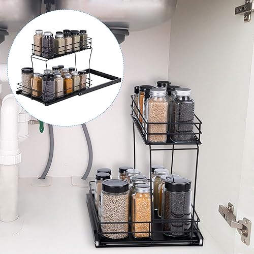 Miniatura 6 de uxcell Organizador de gabinete extraíble, estante de almacenamiento deslizante de 2 niveles para debajo del fregadero, 14.7 pulgadas de largo x 10.8