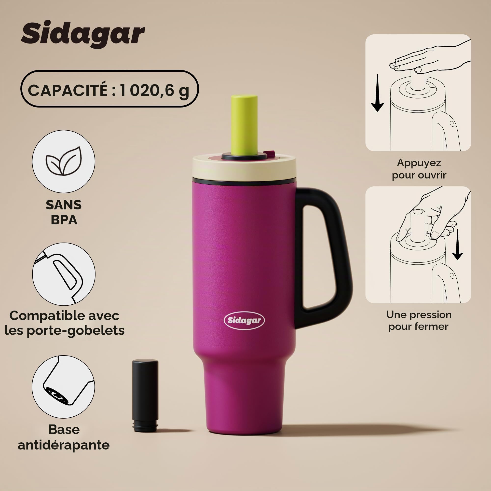 Gourde Isotherme 1,1L avec Paille et Poignée, Mug Isotherme Inox 316L, Bouteille d’Eau Anti Fuite, Thermos Grande Capacité, Compatible Porte-Gobelet, Violet