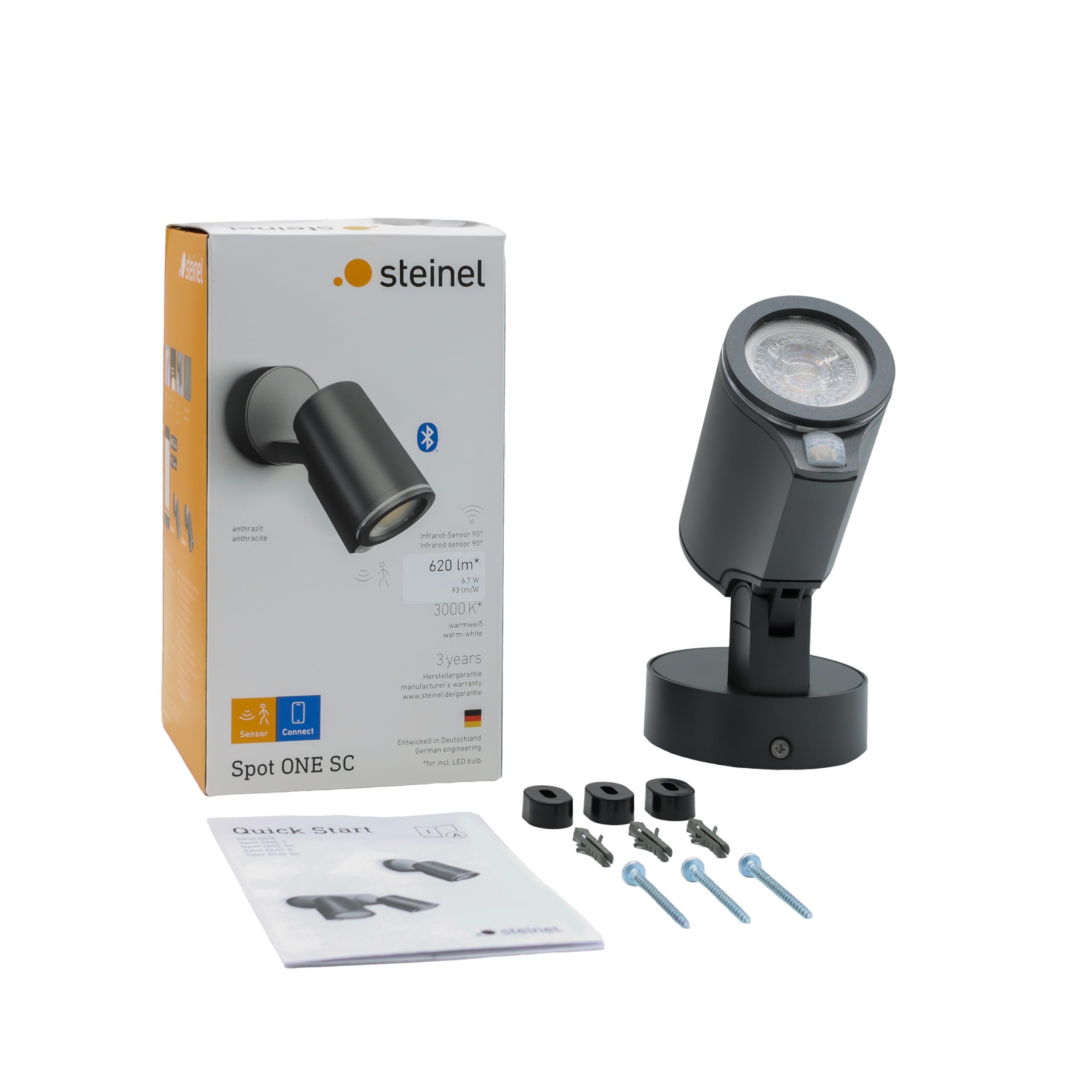 Steinel Spot ONE SC Foco LED, fabricado en aluminio, en color antracita, con consumo de 7,9 W, sensor de movimiento de 90° y bombilla LED GU10, conectable y controlable a través de una aplicación