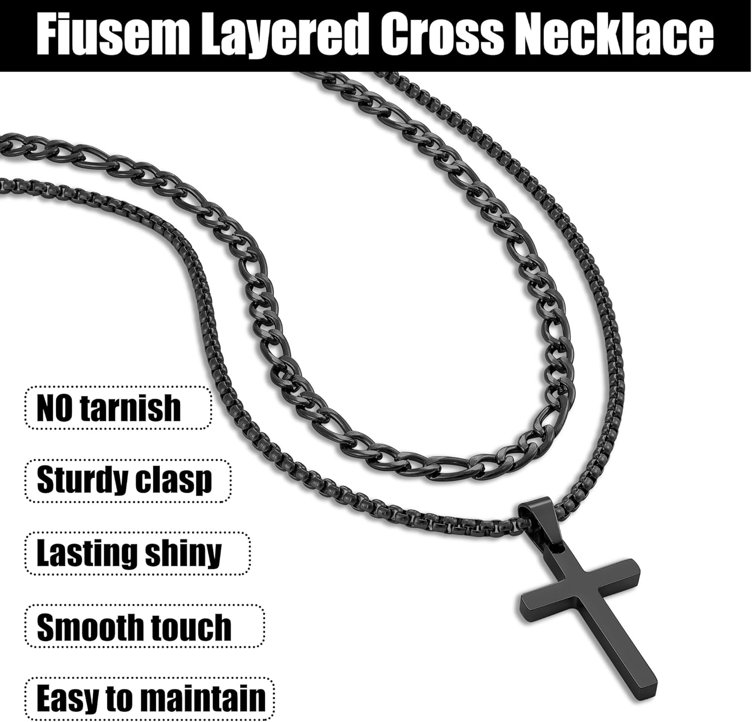Fiusem 2 Pcs Cross Necklace Chain for Men and Women, Stainless Steel Layered Mens Cross Necklaces with Pendant, Figaro and Box Chain 16-24 Inch - Image 5