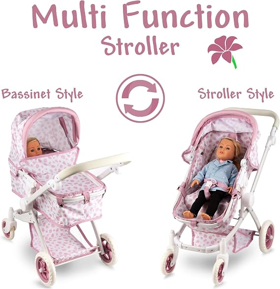 عربة أطفال قابلة للتحويل للدمى - لعبة Bassinet Buggy للأطفال الصغار 3 سنوات وما فوق ، مقعد قابل للتعديل والتعامل مع سلة التخزين ، تصميم Pink Polka Dot للأطفال