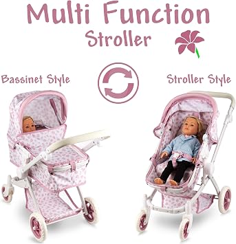عربة أطفال قابلة للتحويل للدمى - لعبة Bassinet Buggy للأطفال الصغار 3 سنوات وما فوق ، مقعد قابل للتعديل والتعامل مع سلة التخزين ، تصميم Pink Polka Dot للأطفال