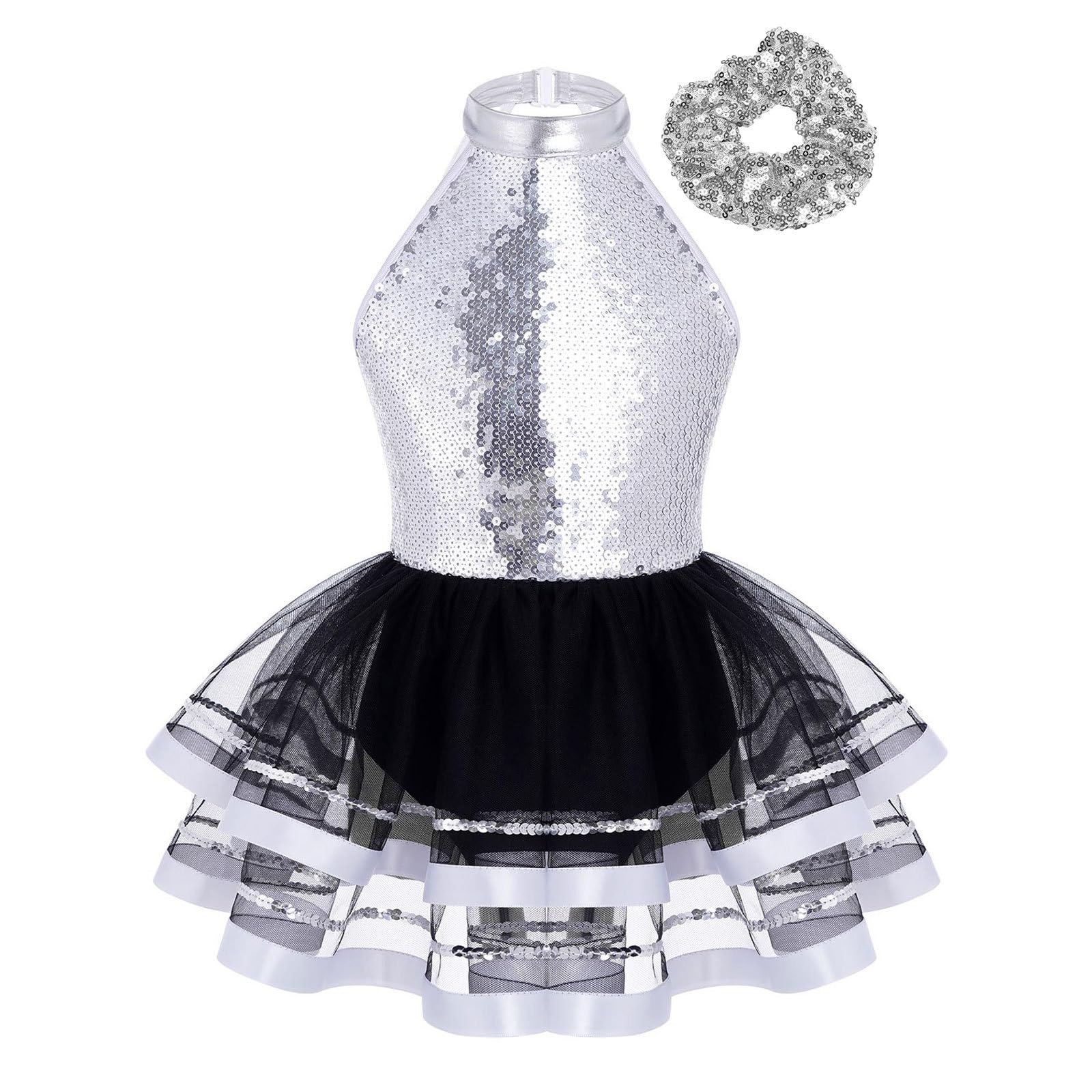 iiniim Maillot Vestido de Danza Ballet Lentejuelas para Niña Body de Baile Fiesta sin Mangas Tutú de Danza Brillante sin Hombros Disfraz Bailarina Elegante