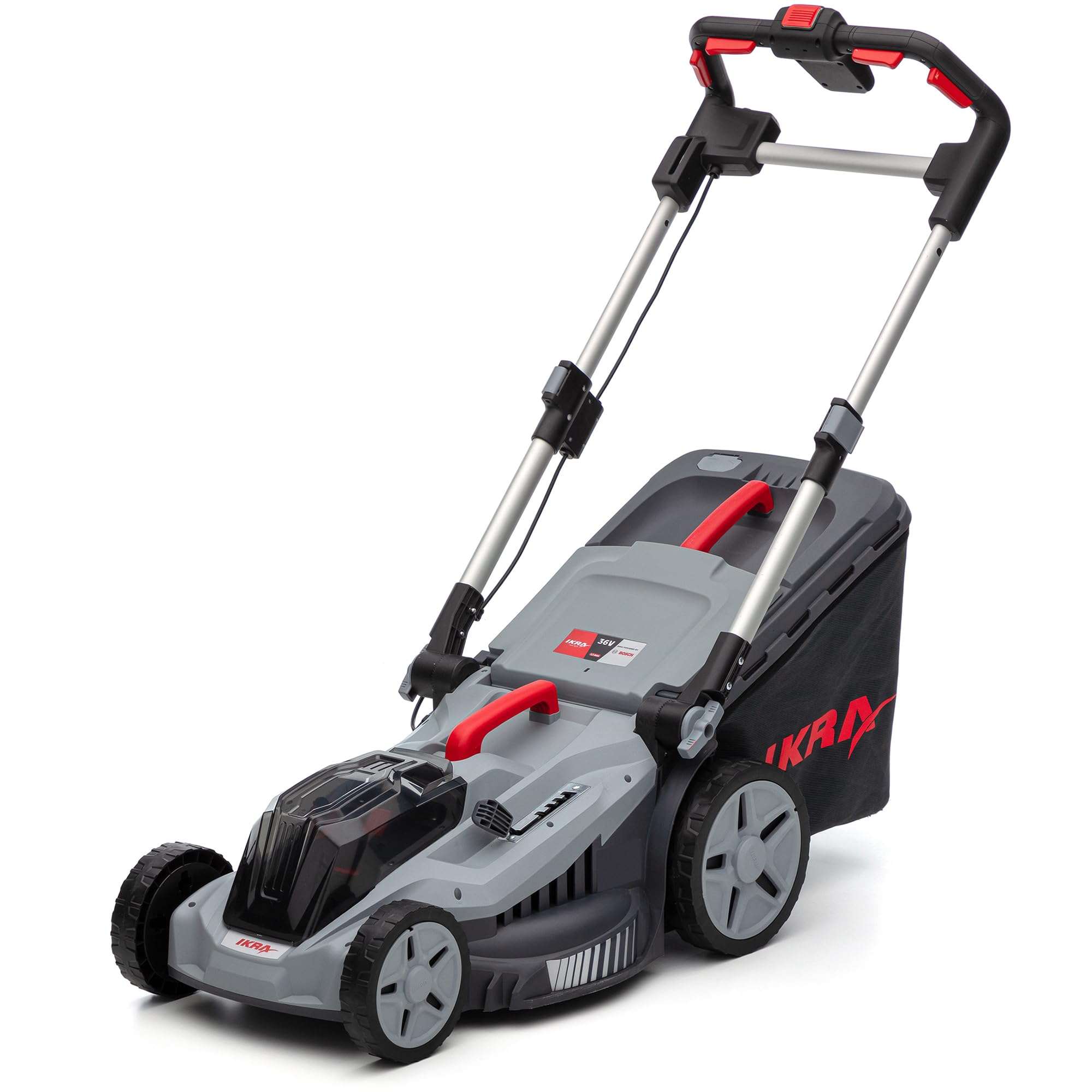 IKRA Rasenmäher IB-LM 43, 3in1, Breite 43cm, ohne 36V Akku & Ladegerät | Kompatibel mit Bosch, Rasenflächen bis 600m², Schnitthöhe 30-75mm, Fangkorb 52l, Batterieladeanzeige am Griff, inkl. Mulchkit