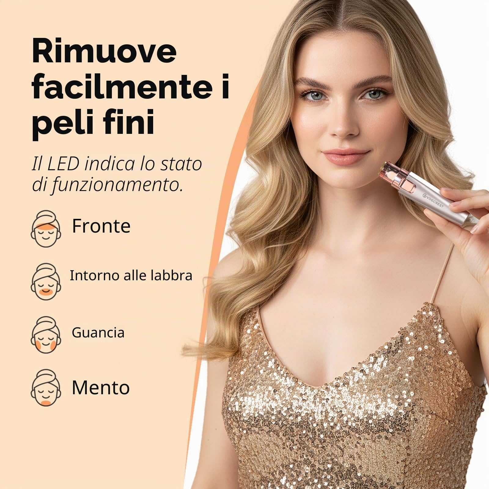 VG VOGCREST Rasoio per sopracciglia e viso: 2 in 1 ricaricabile per la rimozione dei peli del viso e rasoio per sopracciglia, rasoio per il corpo con luce LED integrata (oro rosa)