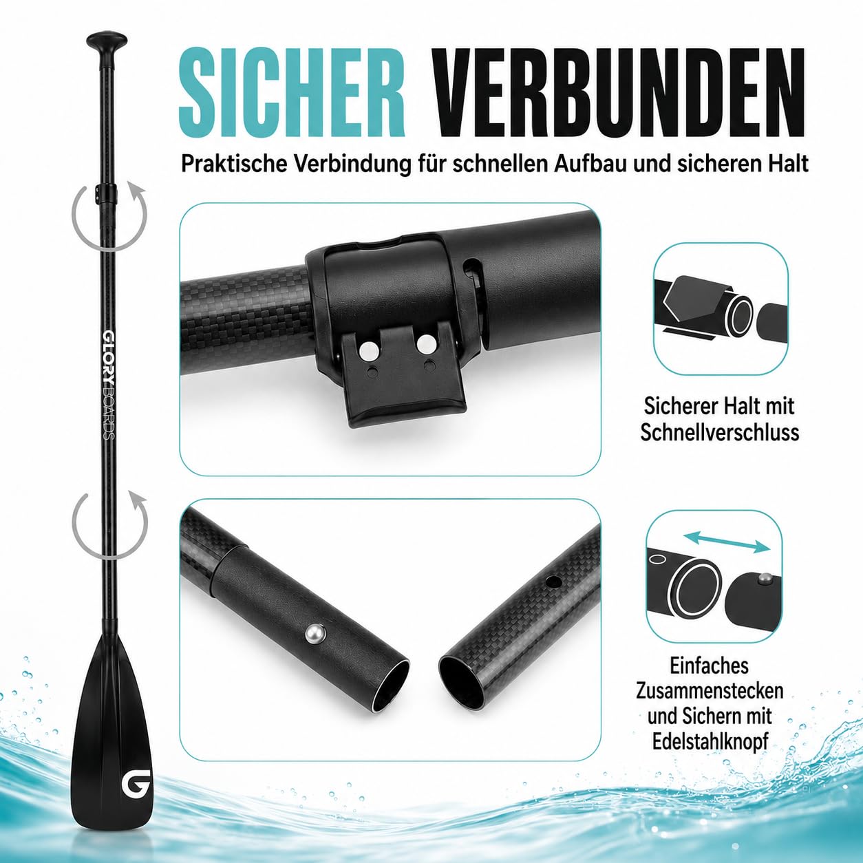 Glory Boards® SUP Paddel 30% Carbon für Stand Up Paddle, 3-teilig, ca. 800g | Carbon Paddel mit robustem Nylonblatt, variable Länge von 180-215 cm, angenehmer Griff, ideal für Stand-Up Paddling Touren