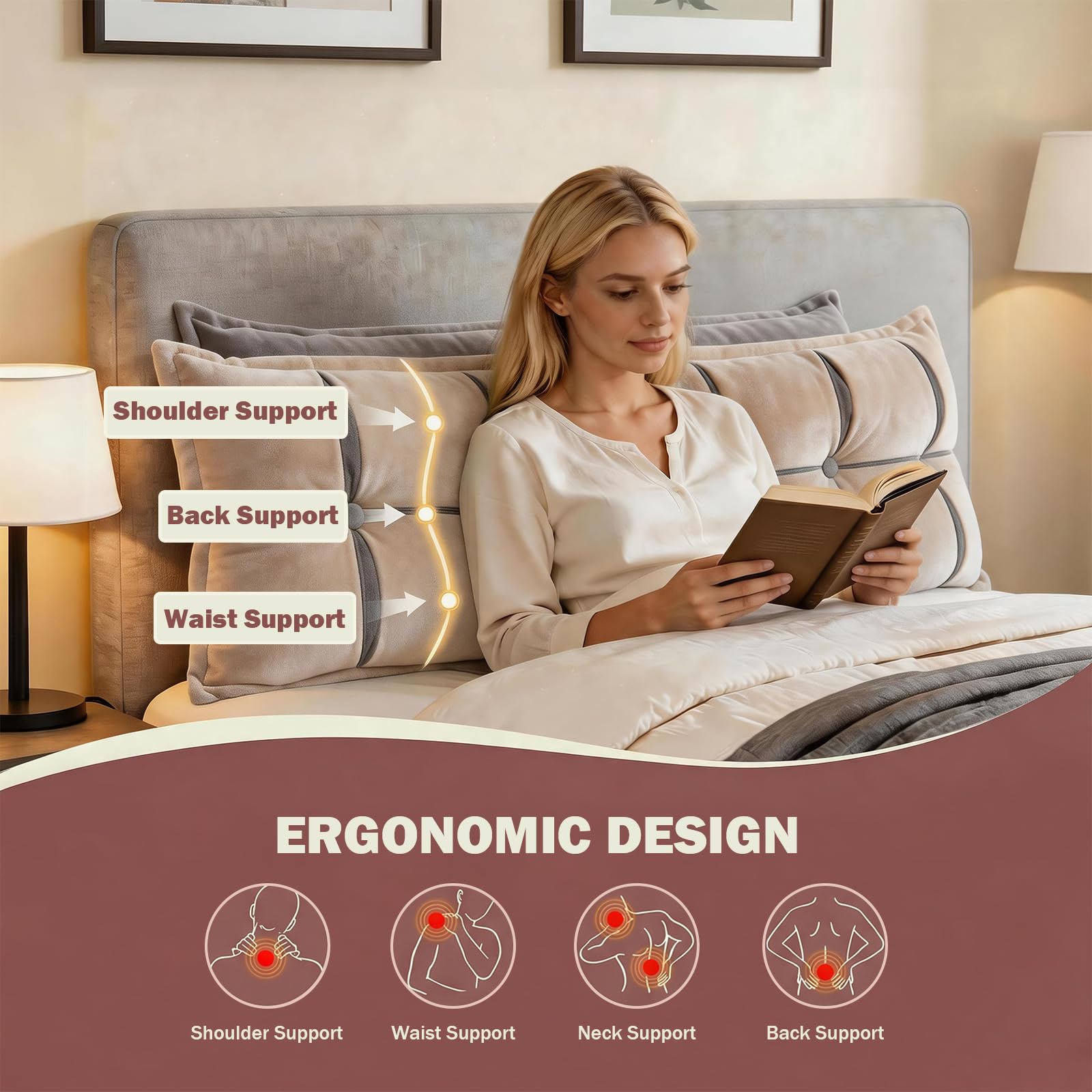 Almohada para cabecero de cama, cojín de lectura, cojín para respaldo de cama, cojín lumbar de apoyo, cojín suave para sofá cama (200 x 56 x 32 cm)