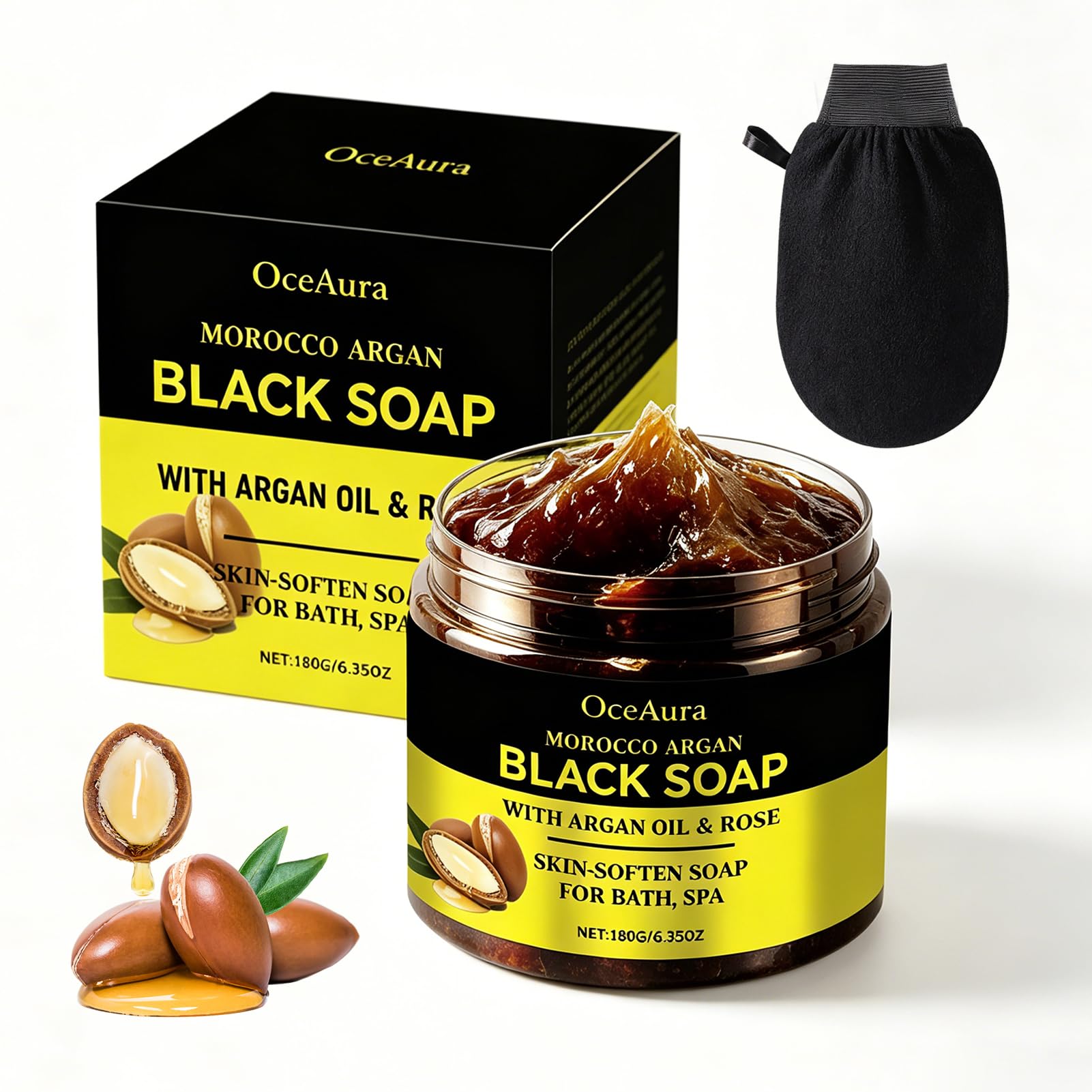 Sapone nero esfoliante marocchino 180g, sapone nero marocchino con argan e rosa, scrub corpo marocchino, sapone nero marocchino biologico con guanto esfoliante per la pelle morbida