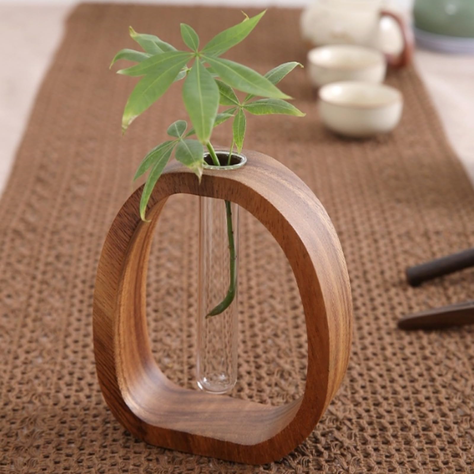 Blumenvase aus Walnussholz und Glas, transparentes Reagenzglas, kleine Blumenvasen, Massivholz-Glasvase, kreativer Walnussholzrahmen, Schreibtisch, Hydrokultur-Ornamente für Zuhause und Büro Desktop