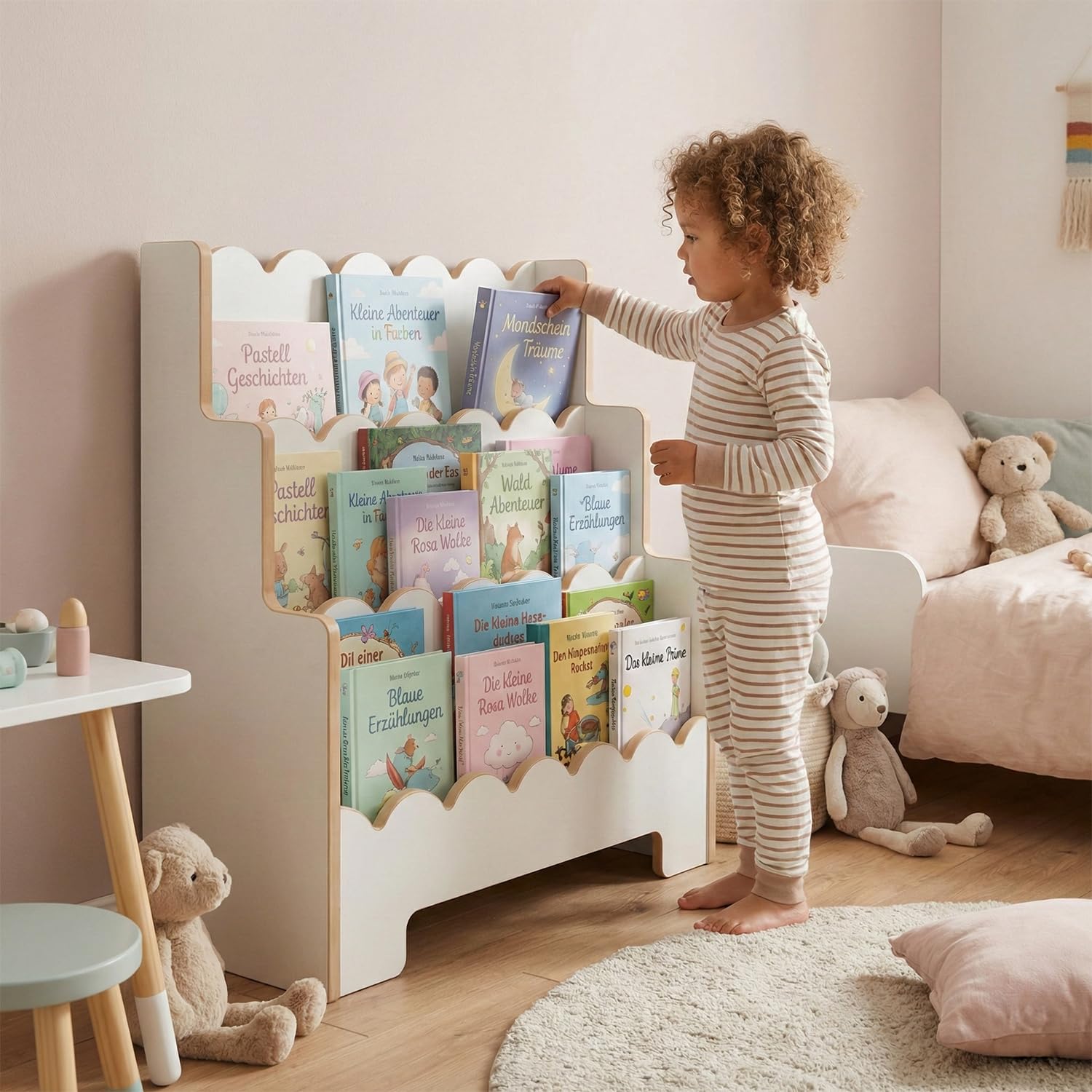 Montessori Kinderregal Weiß – Stabiles Bücherregal für Kinder – Regal für Spielzeug und Bücher – Erhältlich in 63, 73, 83 cm Breite (83cm)