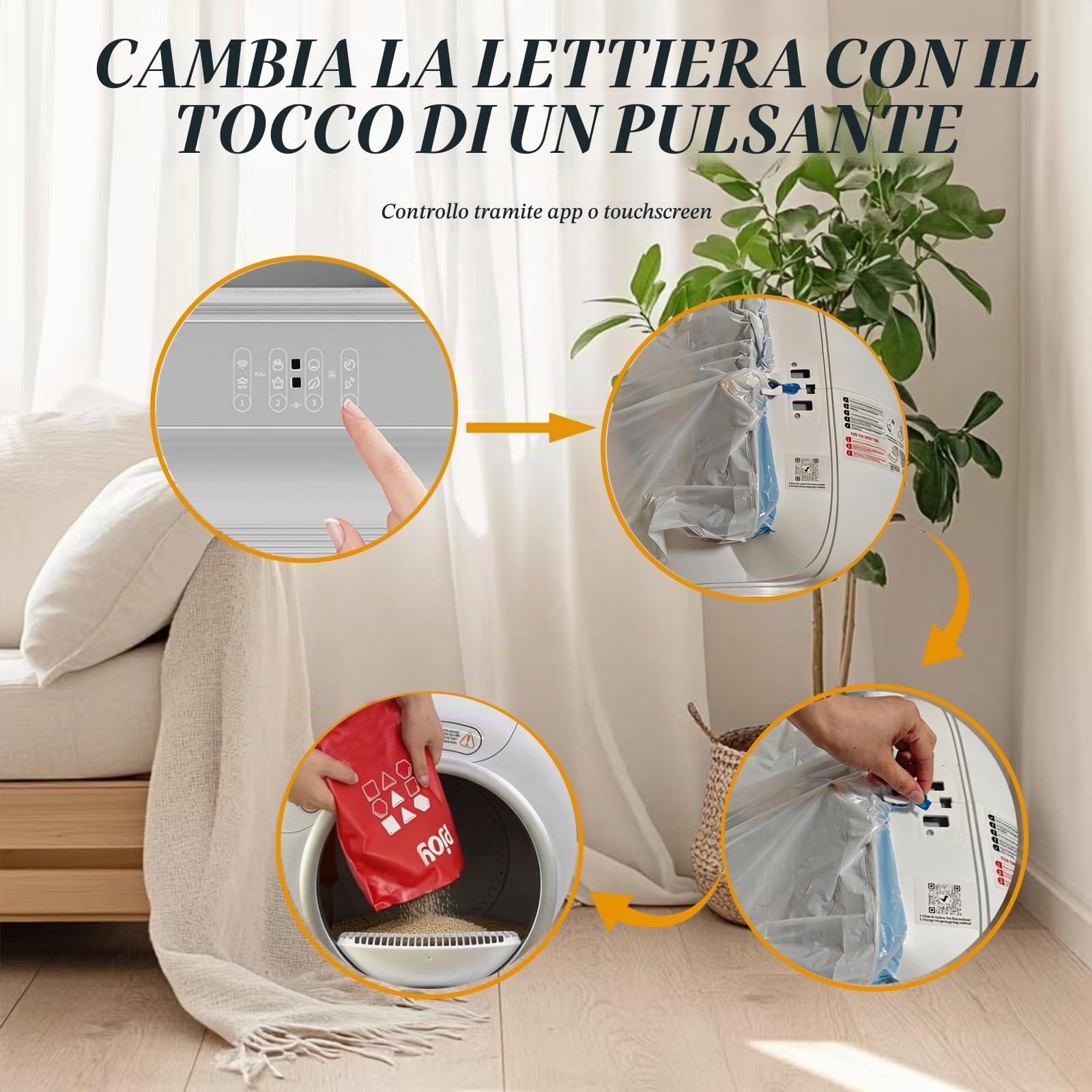 Lettiera Gatti Autopulente Wifi 74L Sensori di Sicurezza con App | 6 Sacchetti per Rifiuti 2 Filtri 1 Tappetino per Più Gatti