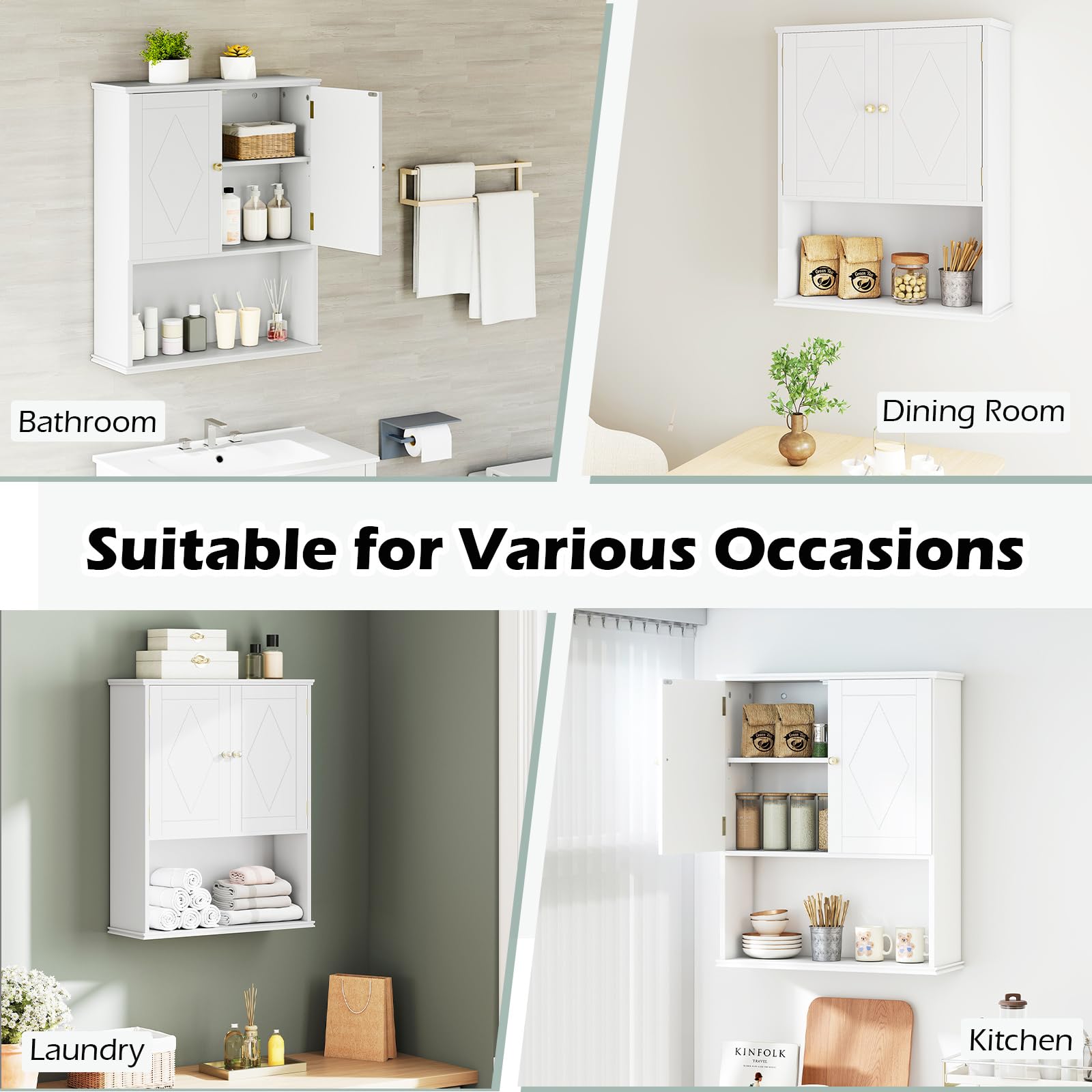 LIFEZEAL Mobiletto Bagno Salvaspazio da Parete, Bianco, Pensile Bagno Sospeso, Armadietto, con Ripiano Regolabile, Scomparto Aperto, Mobile, Moderno, per Cucina, Lavanderia, in Legno, 60x21x75cm