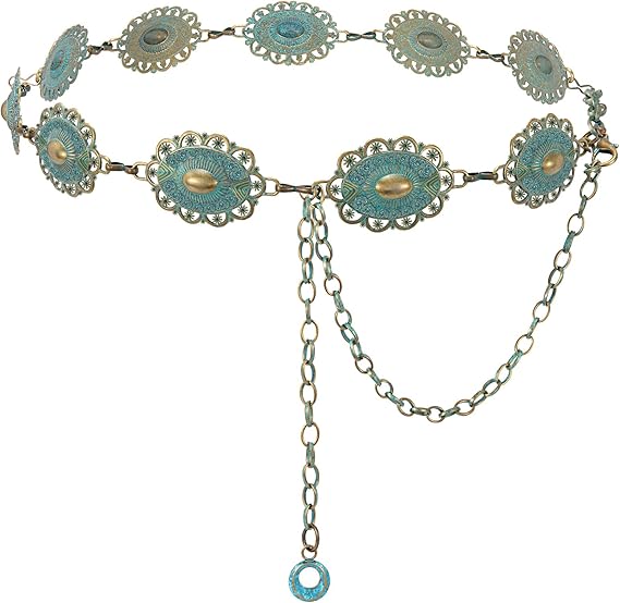 XZQTIVE Women Boho Chain Belts For Dresses Jeans Western Cowgirl Waist Links Belt Adjustable Metal Concho Belt