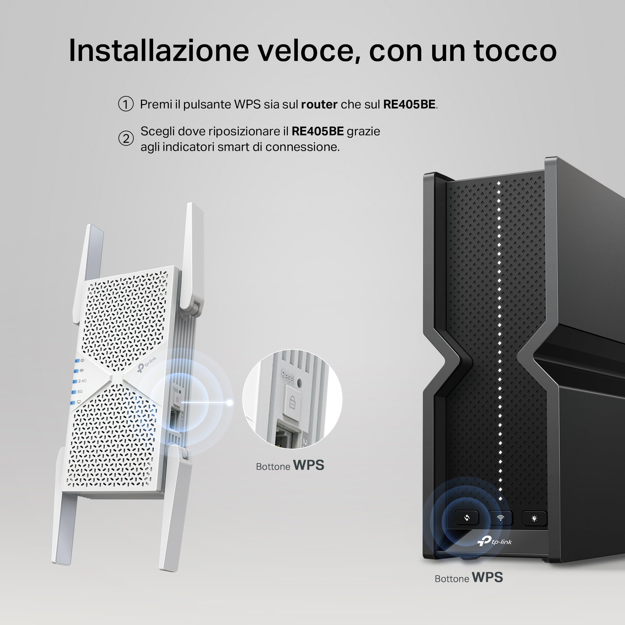 TP-Link RE405BE Ripetitore WiFi 7 Dual-Band BE6500 | Porta Ethernet 2.5G E EasyMesh | MLO E Roaming Intelligente | Configurazione Facile