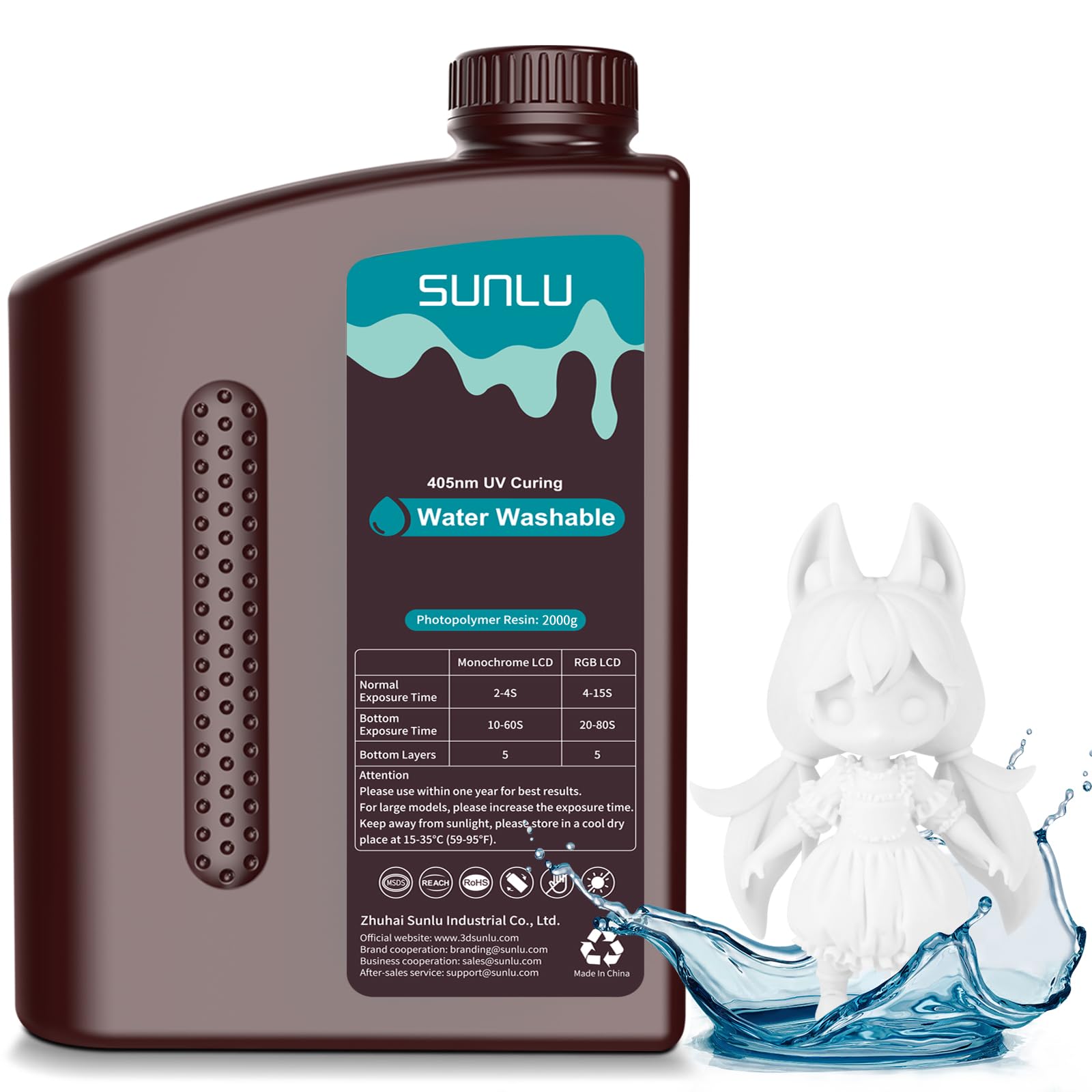 SUNLU 2kg Water Washable 3D Printer Resin, Fast Curing Low Shrinkage, High Precision Photopolymer Resin for LCD/DLP/SLA Printers,395 to 405nm UV Resin