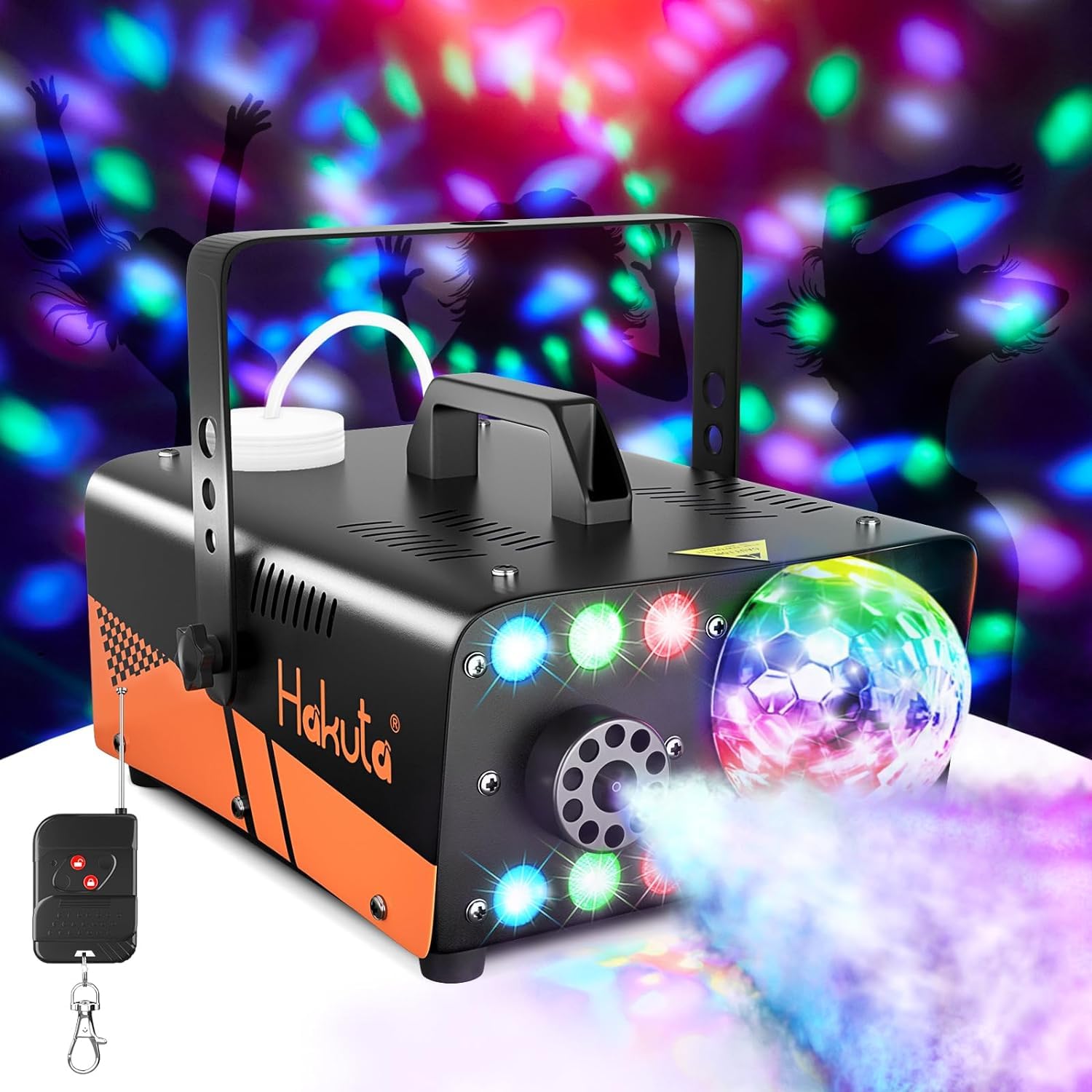 Hakuta, macchina per nebbia, 600 W, con luci a sfera da discoteca e luci LED RGB a LED, 2300 CFM spray con funzione di spruzzo automatica, ideale per feste