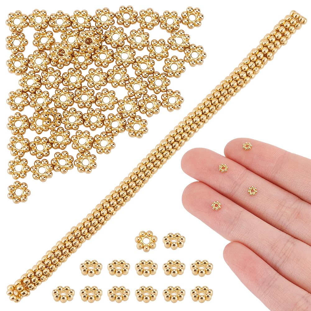 HOBBIESAY 60Pcs Flower Spacer Beads 4mm 18K Gold Plated Stainless Steel Bead Metal Beads Daisy Connector Beads for DIY Bracelets Earring Necklace Jewelry Making,Hole:1mm