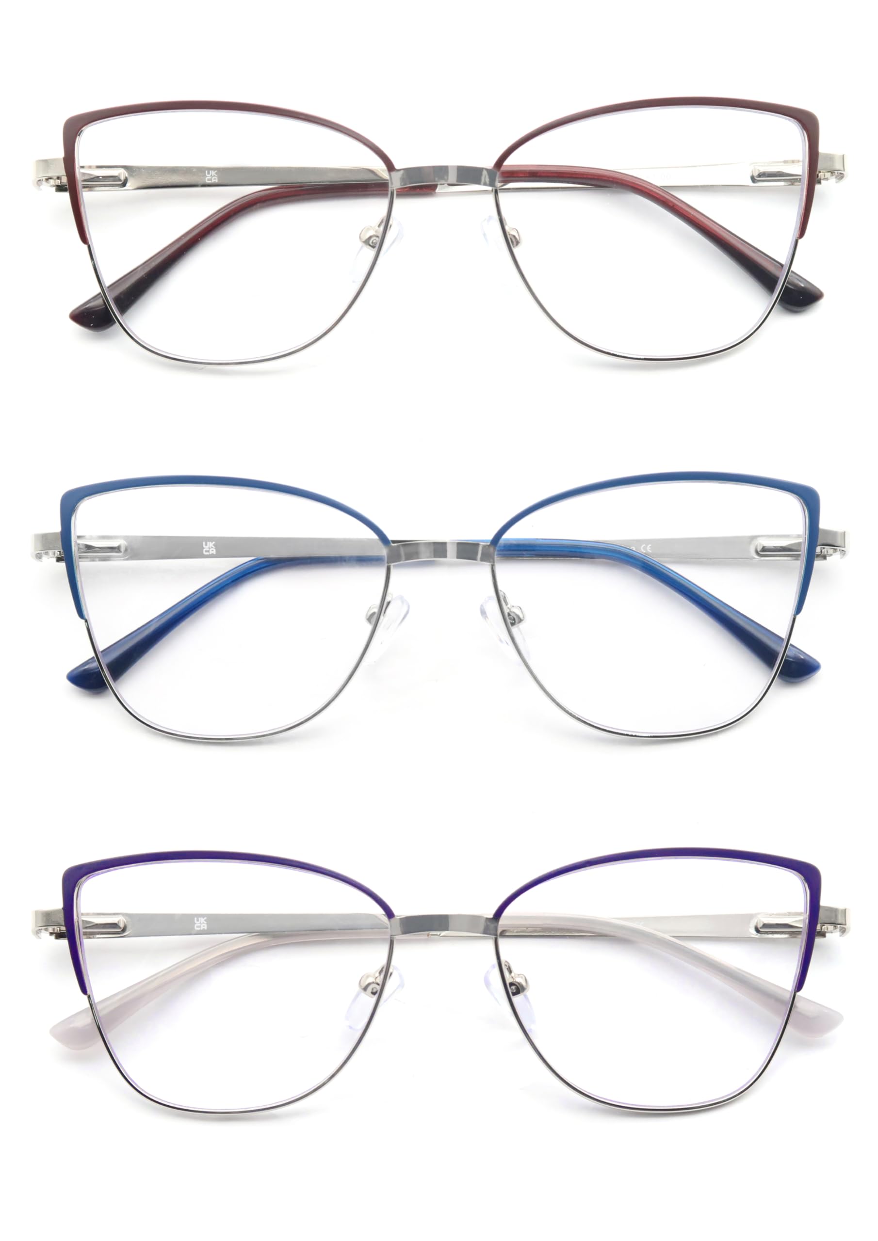 Reading Glasses Women Blue Light Blocking Thin Readers Stylish Cat Eye Cheaters Full Metal Frames Spring Hinges 3 Pack