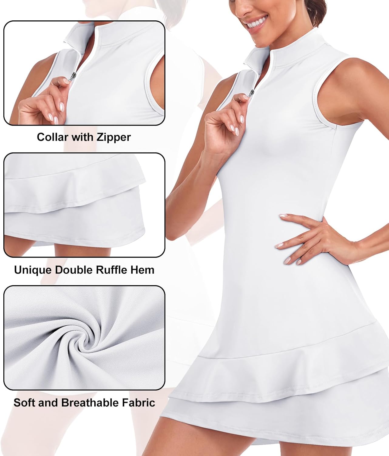 Viracy Tennis Dress for Women Sleeveless Golf Dresses with Shorts and Pockets Ruffle Zip Up Stand Collar Golf Outfits - Image 4