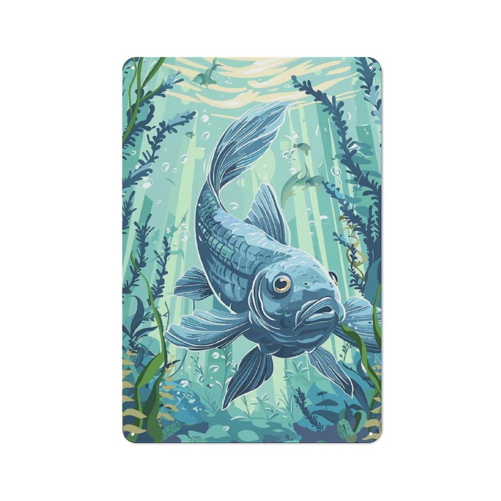 Junmoney Style-10 For Hobby Room Or Studio, Blue Koi Fish Underwater Retro Metal Sign 30X20cm, A Decorative Gift For A Newly Furnished Hobby Room And Studio