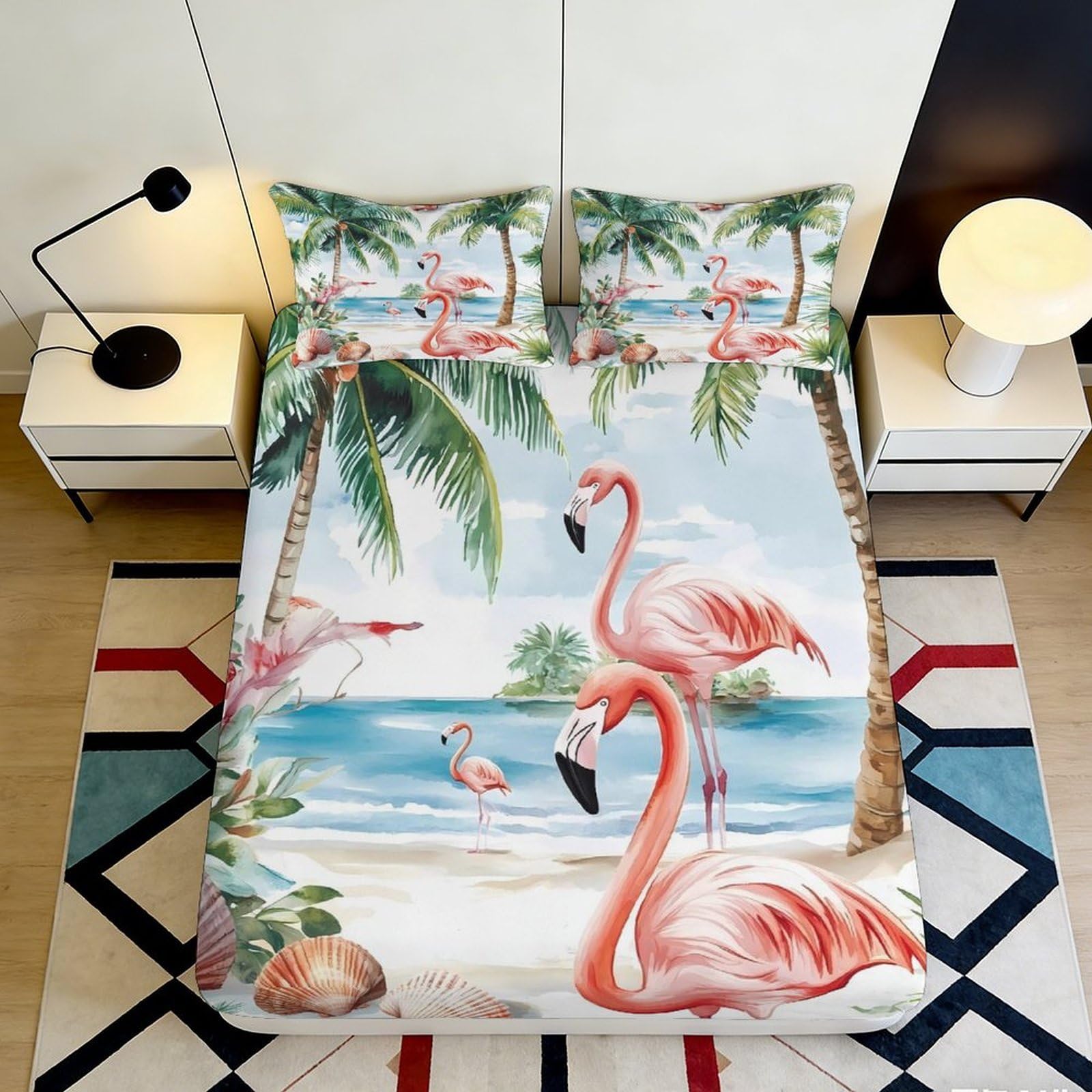 3D Printed Tropical Flamingo Fitted Sheet Microfiber Soft Beach Palm Mattress Cover for Bedroom Guest Room Decor 90x200x25cm