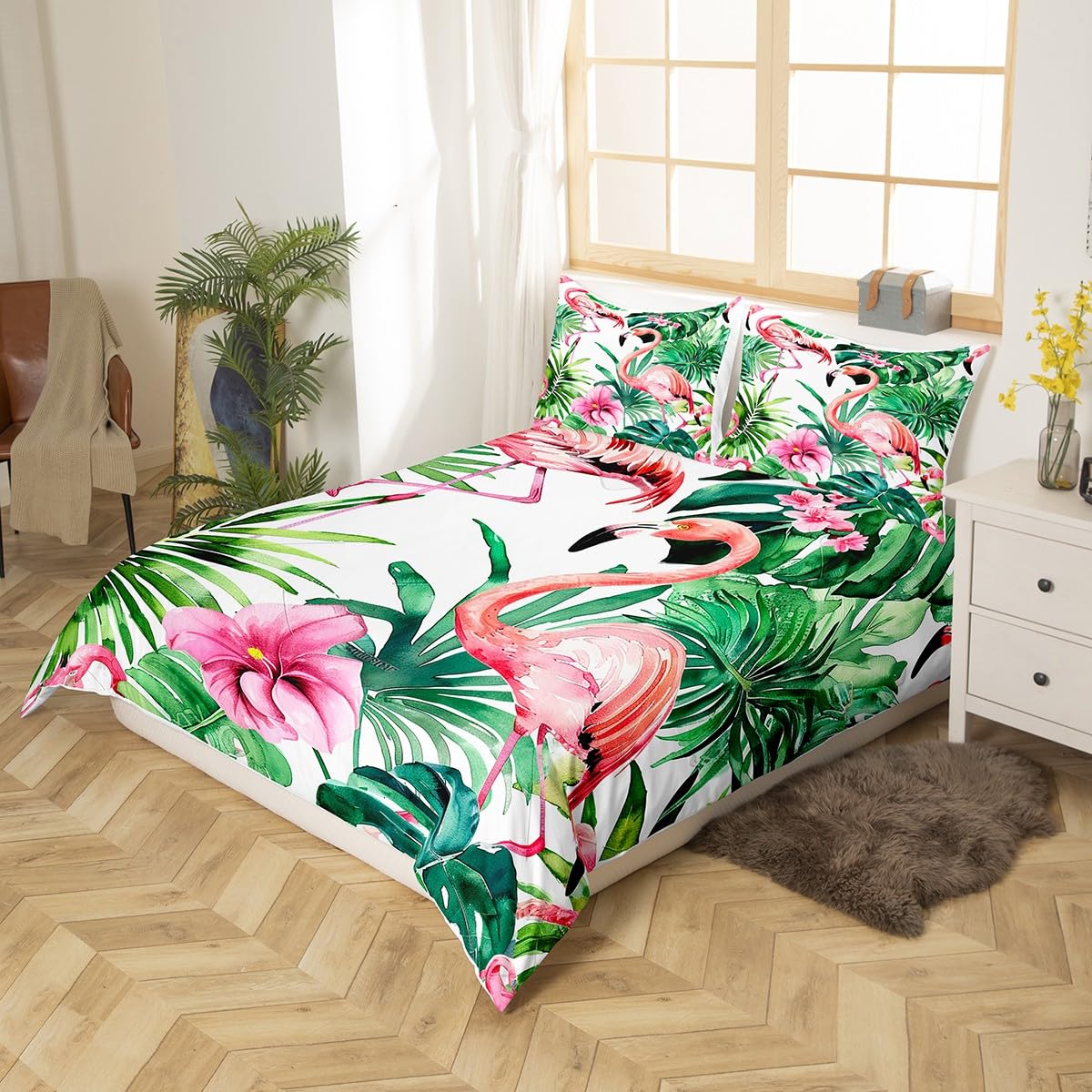 richhome Flamingo Bedding Set Tropical Flamingo Pattern Comforter Cover for Kids Adult Green Palm Leaf Duvet Cover Hawaiian Botanical Bedspread Cover Room Decor 2Pcs With 1 Pillow Case Single Size - Image 3