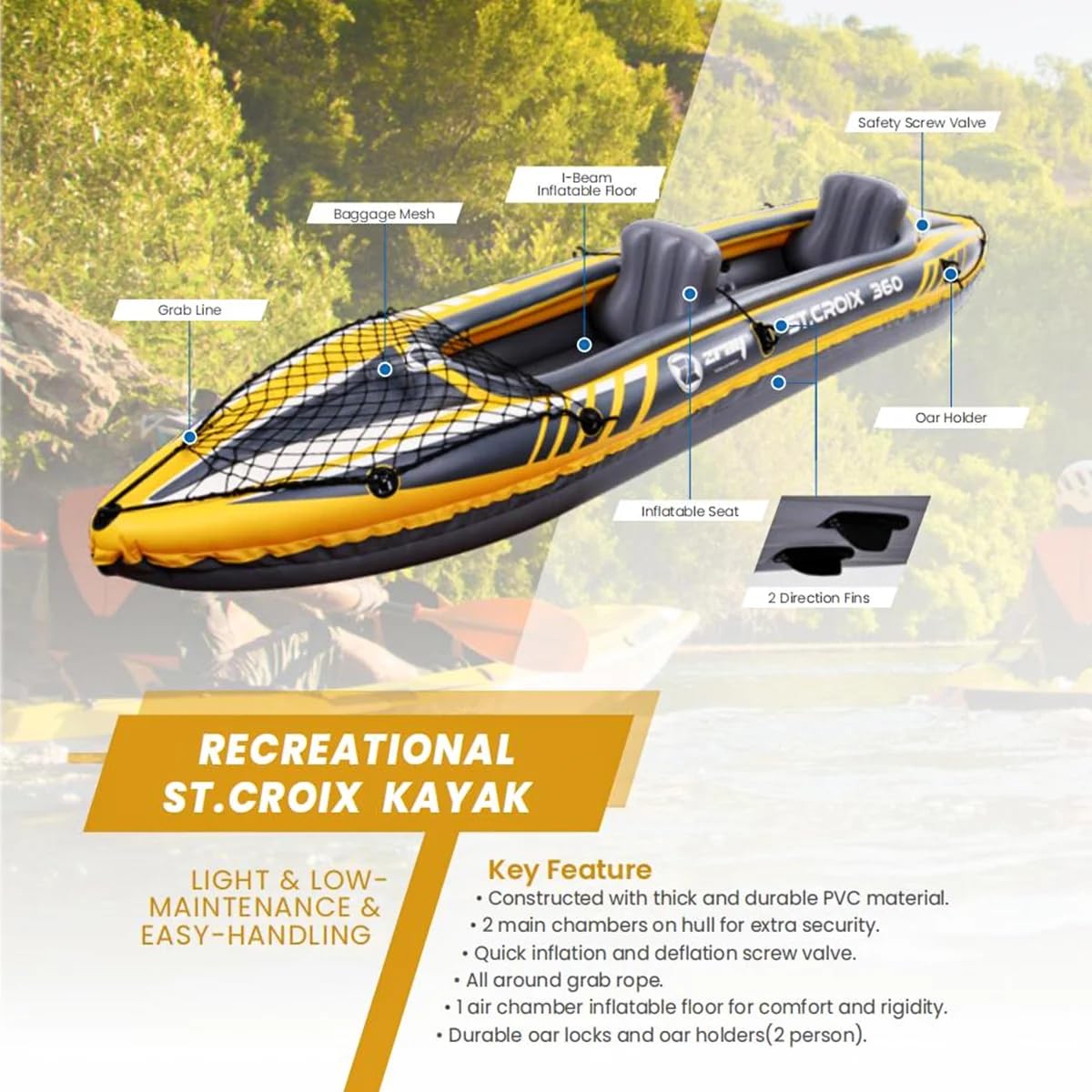 Kayak Hinchable 2 plazas Double Inflatable Kayak, MAX 180kg with Oars and Pump Portable Barca Hinchable Kayak with Inflatable Seats Carrying Bag for Lake River Outdoor