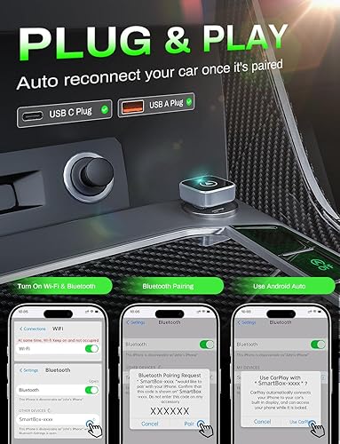 Miniatura 4 de Adaptador CarPlay inalámbrico 2 en 1 compatible con Apple CarPlay y Android Auto, mini Bluetooth USB A y USB C Dongle Convertir con cable a