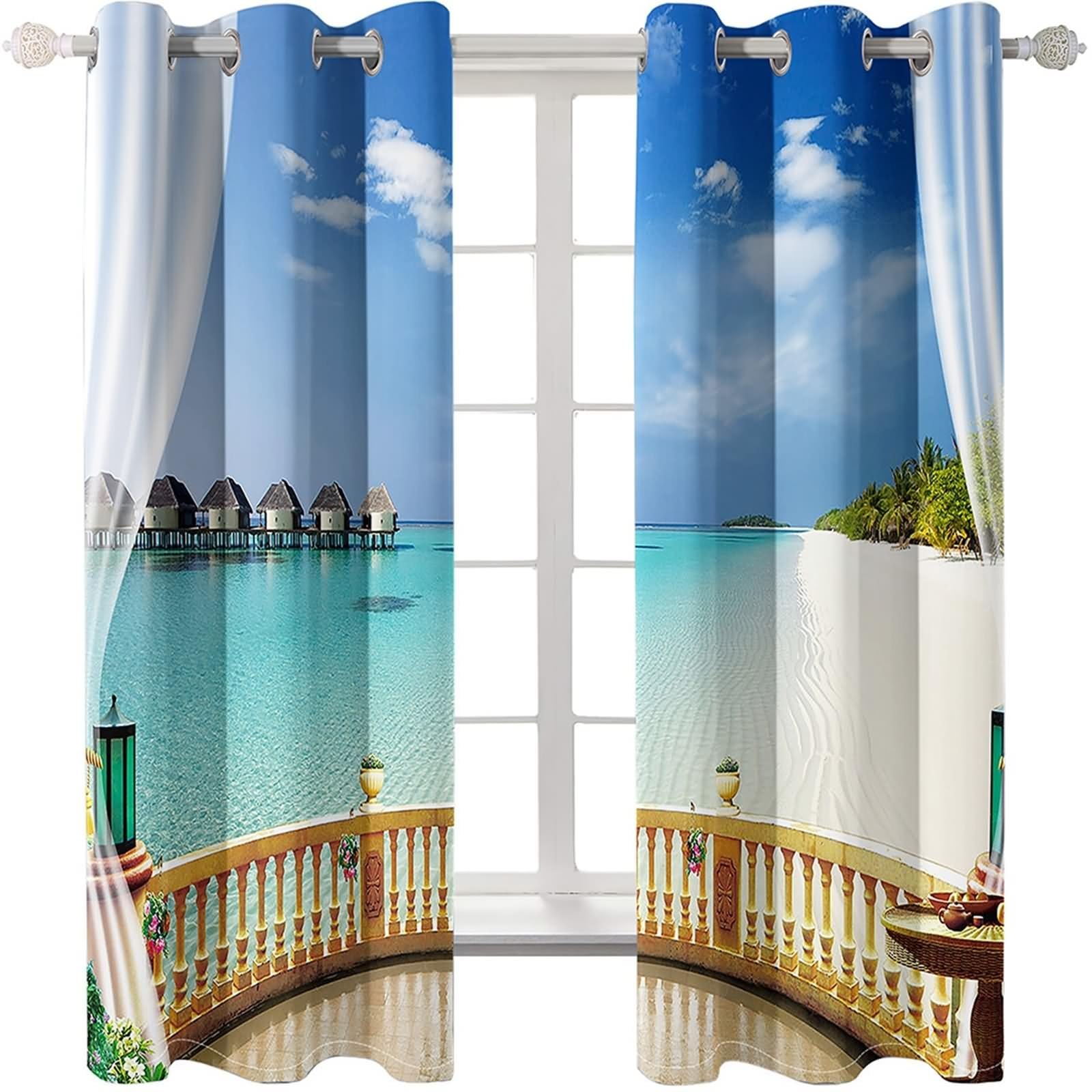 Voilage Fenetre Boheme, Rideau Chambre Retro Bleu Blanc Kaki Balcon Mer et Maisons de Vacances Polyester Lot de 2 304x244cm