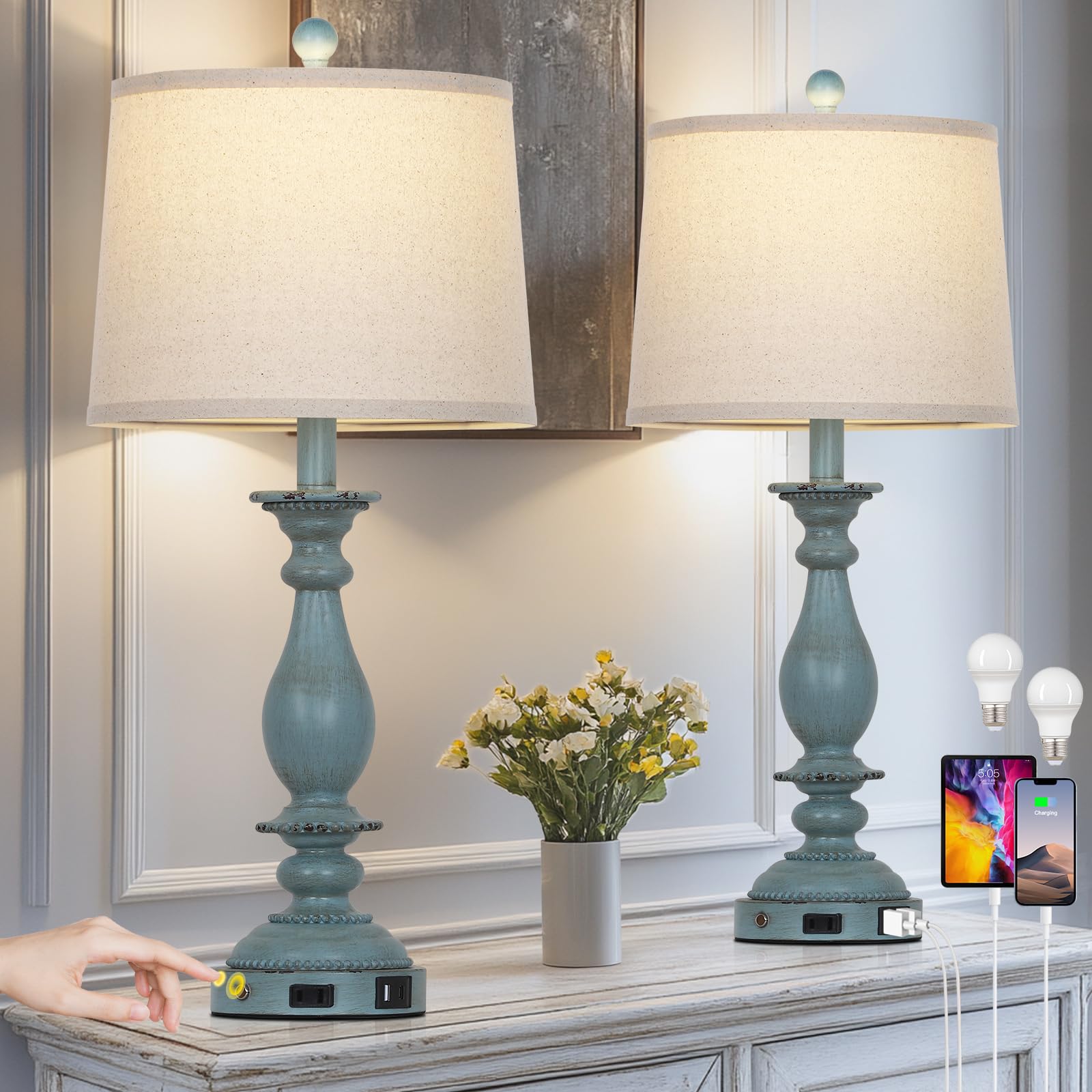 Photo 1 of CINSARY 28" Tall Coastal Table Lamps for Living Room Set of 2, Farmhouse Rustic Blue Bedside Touch Lamp with USB C+A Ports & Outlet, 3-Way Dimmable Resin Nightstand Lamps for Bedroom Side End Table
