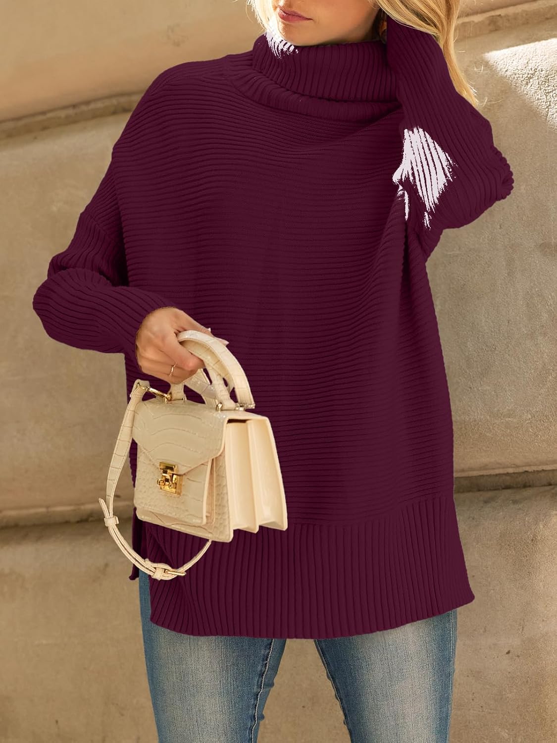 LILLUSORY Women's Oversized Turtleneck Sweaters Fall Batwing Sleeve Ribbed Tunic Sweater - Image 6