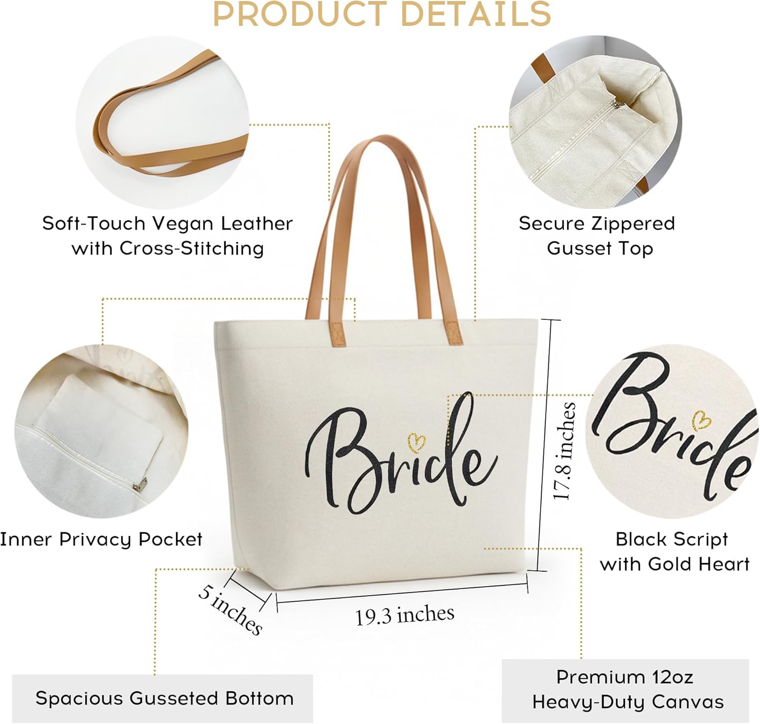 ELEGANTPARK Bride Gifts Wedding Gifts for Bride Bag Bridal Shower Bachelorette Party Honeymoon Large Travel Canvas Tote Bag with Zipper - Image 7
