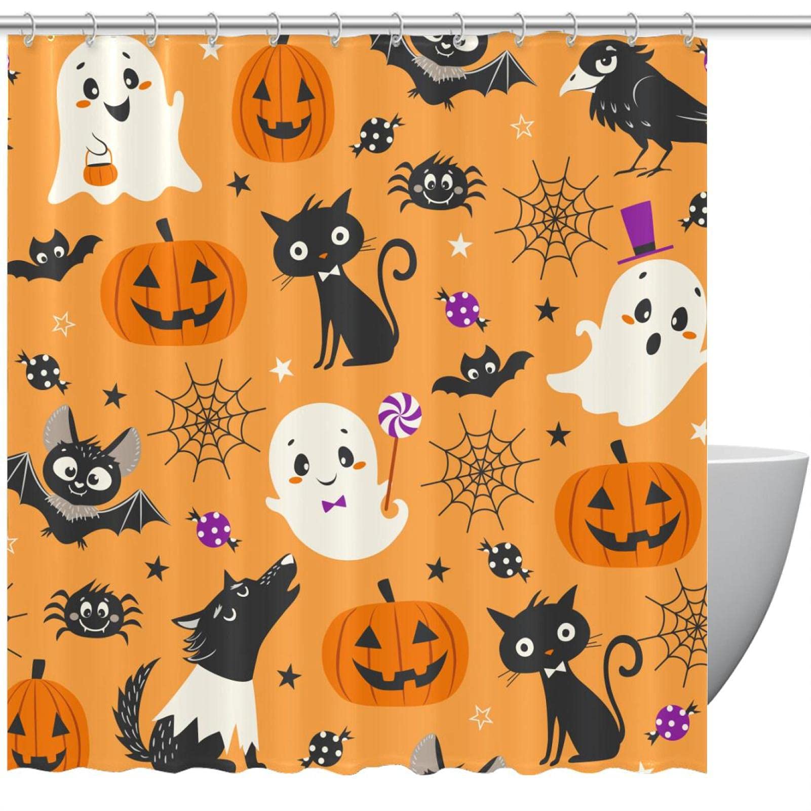 Rideau de douche Halloween chat 183x183cm imperméable avec 12 crochets