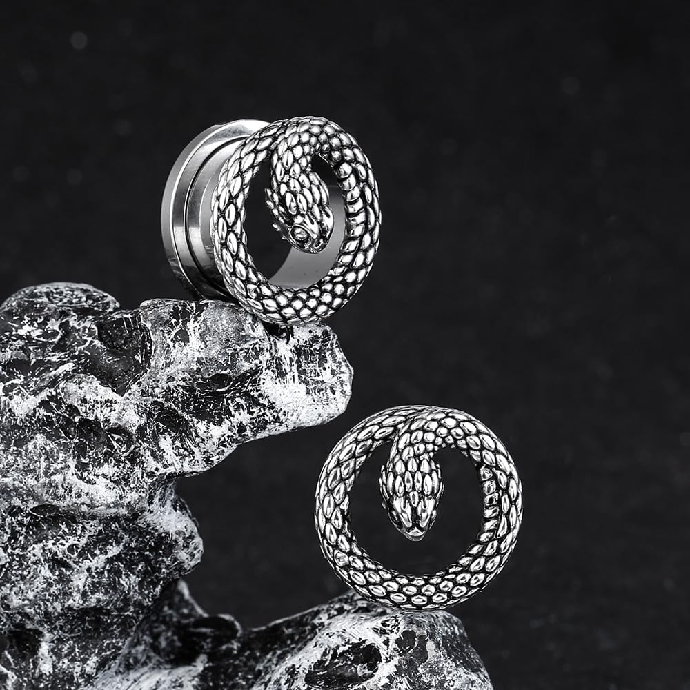 1 Pair Ear Gauges Snake Dark Plug for Stretched Ears Hypoallergenic 316L Stainless Steel Ear cuff Tunels plugs 00G 8mm-16mm(0G-5/8) Body Piercing Jewelry