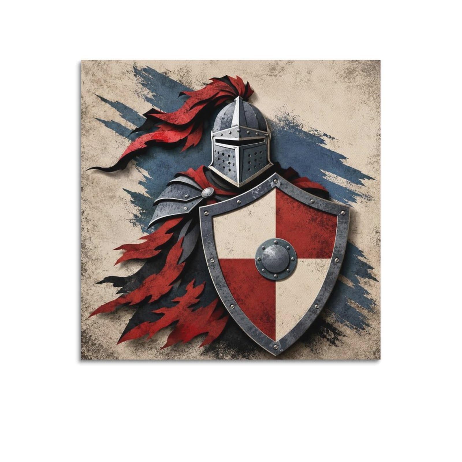 XKUGA Modern Cutout Shield Poster Medieval Knight Red Graphic Armor Modern Decorative Canvas Prints - Ideal Wall Art for Family, Man Cave, Game Room, Boys & Girls Bedroom 20x20inch(50x50cm)