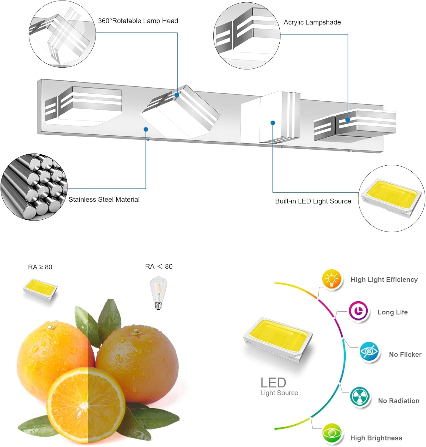 LED Modern Bathroom Vanity Light Fixtures (4-Light, 30-Inch)(5CCT, Dimmable), Chrome Modern Bathroom Wall Lighting Fixtures Over Mirror (3000K/3500K/4000K/5000K/6000K)