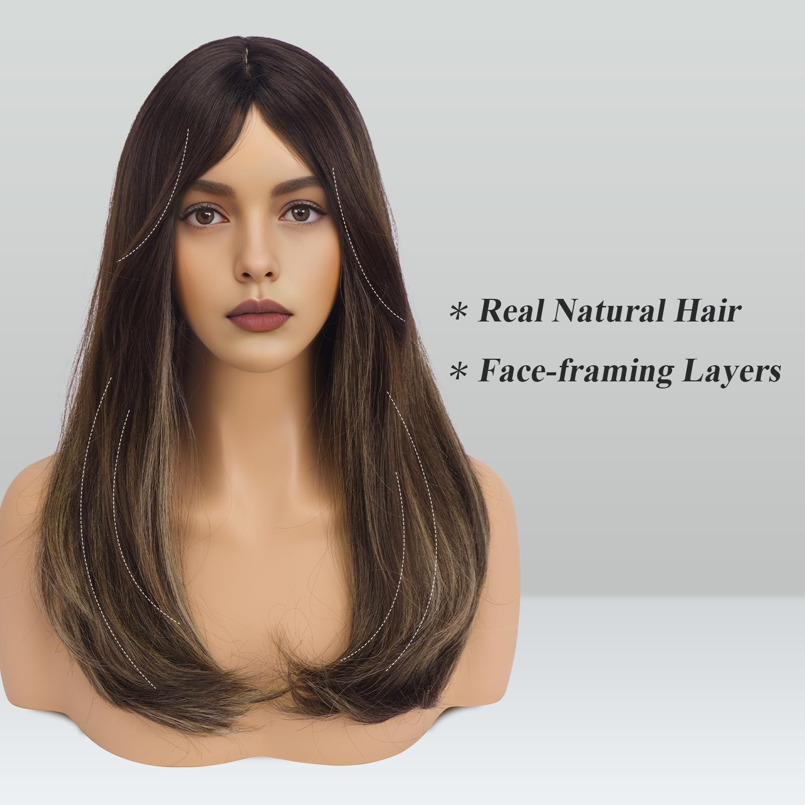 FESHFEN Ombre Brown Blonde Wigs with Bangs for Women Synthetic Natural Looking Long Layered Straight Hair Wig for Daily Party Use 18 inch - Image 2