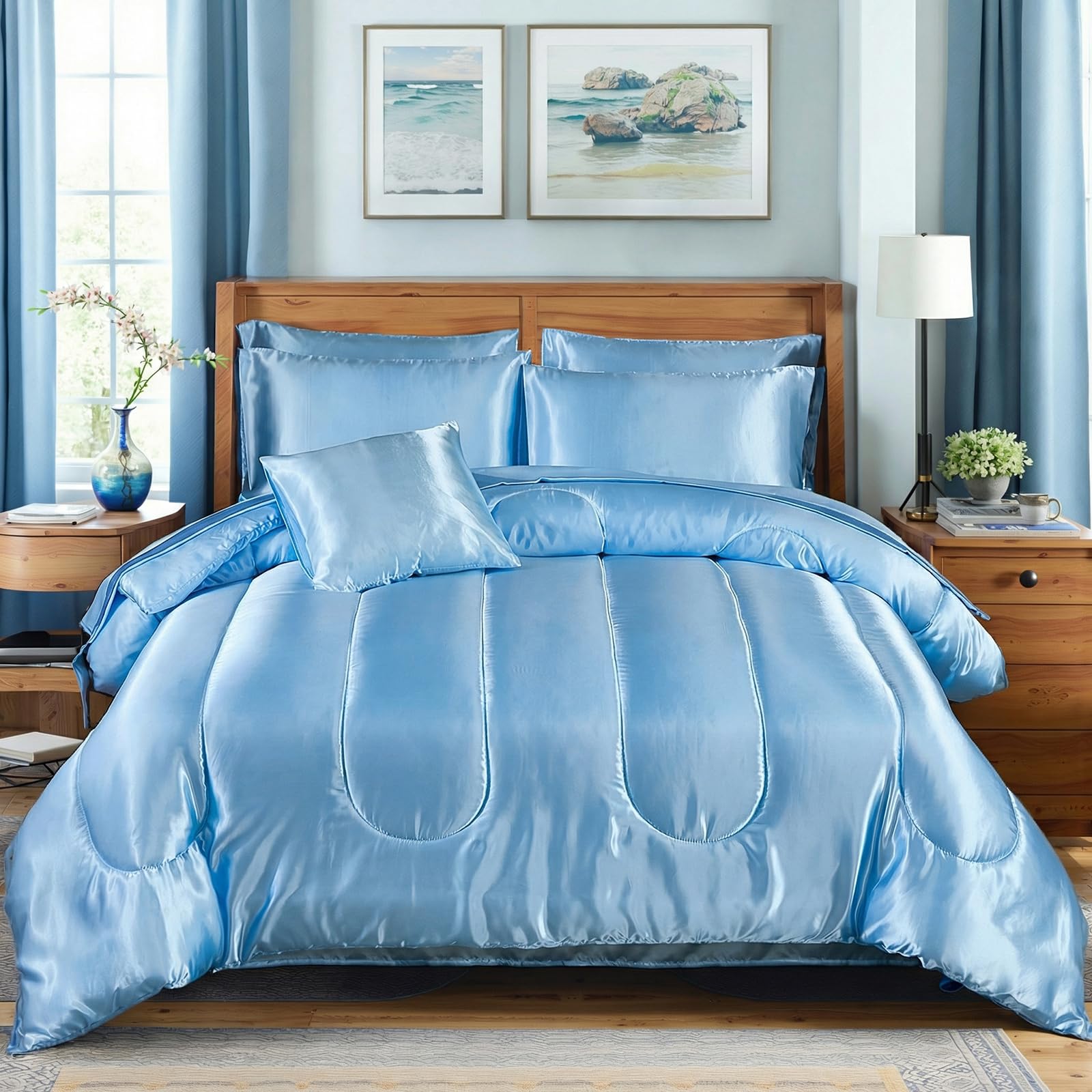 Bedding_Dreamer Satin Comforter Set King Size, 8 Piece Bed in a Bag Baby Blue with Sheets, Silky Soft Polyester Satin Bedding Set, Lightweight, 16