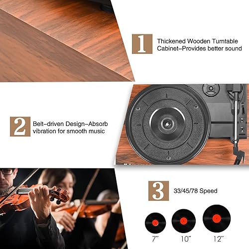 Miniatura 4 de Reproductor de discos de vinilo con altavoces mejorados y USB, tocadiscos Bluetooth impulsado por correa con entrada AUX de 3 velocidades y salida