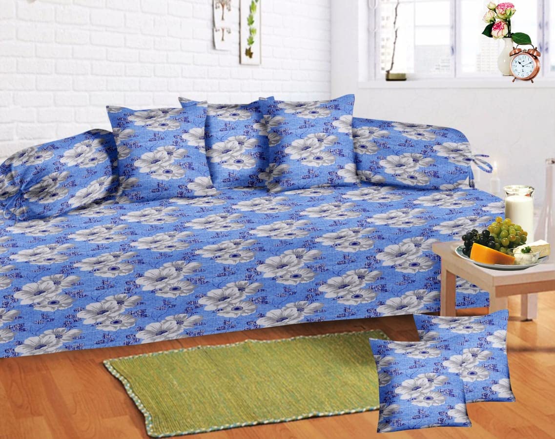 Aromaa Enterprises 8 Pieces Diwan Set -1 Piece Diwan Bedsheet, 5 Pieces Cushion Covers & 2 Pieces Bolster Cover (Size 60x90 Inches) Set of 8 (Blue)-image-1