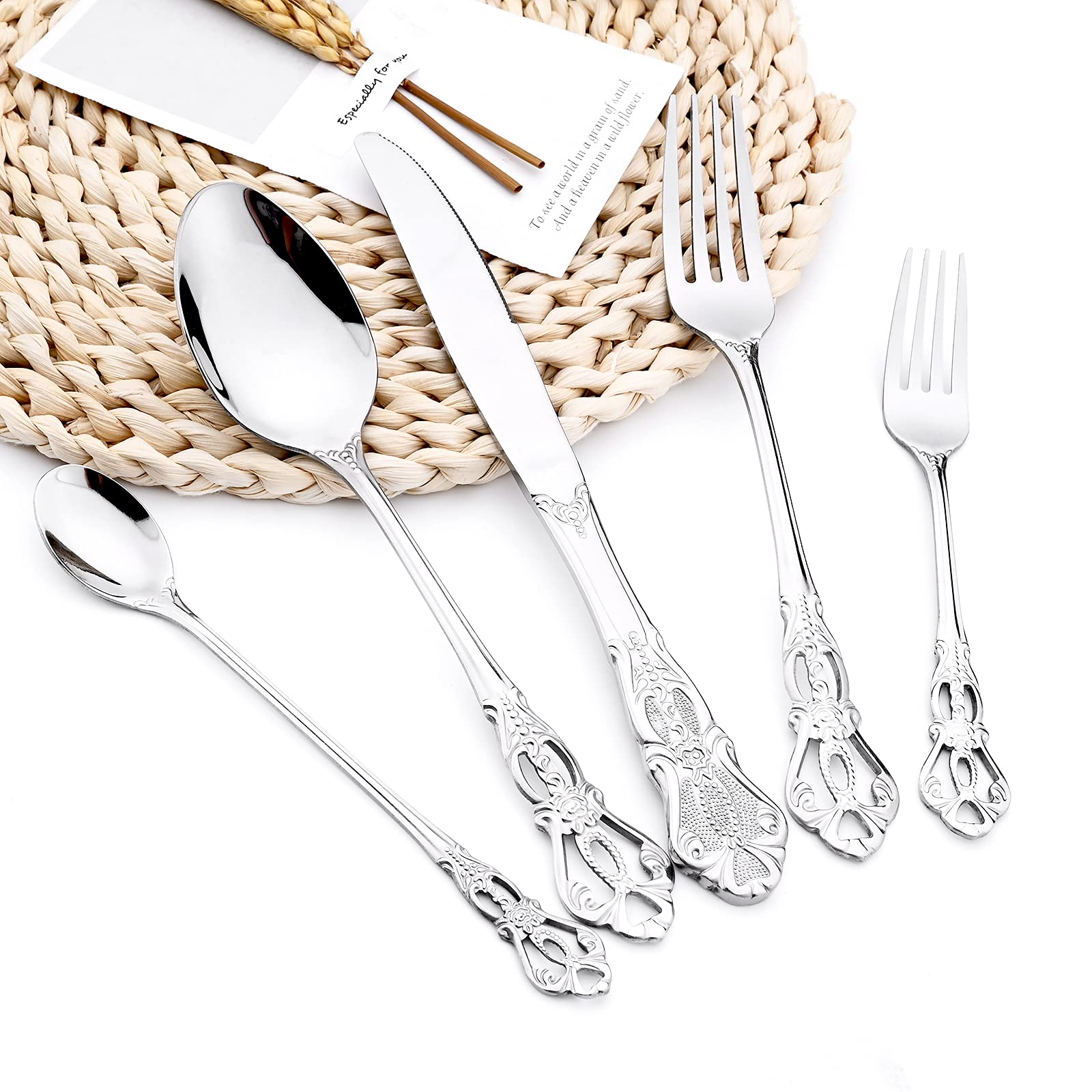 30-Piece Vintage Snplowum Luxury 18/0 Stainless Steel Tableware, Retro Cutlery Ideal For Home Wedding Festival Party Restaurant Dinner ( Shiny Silver )