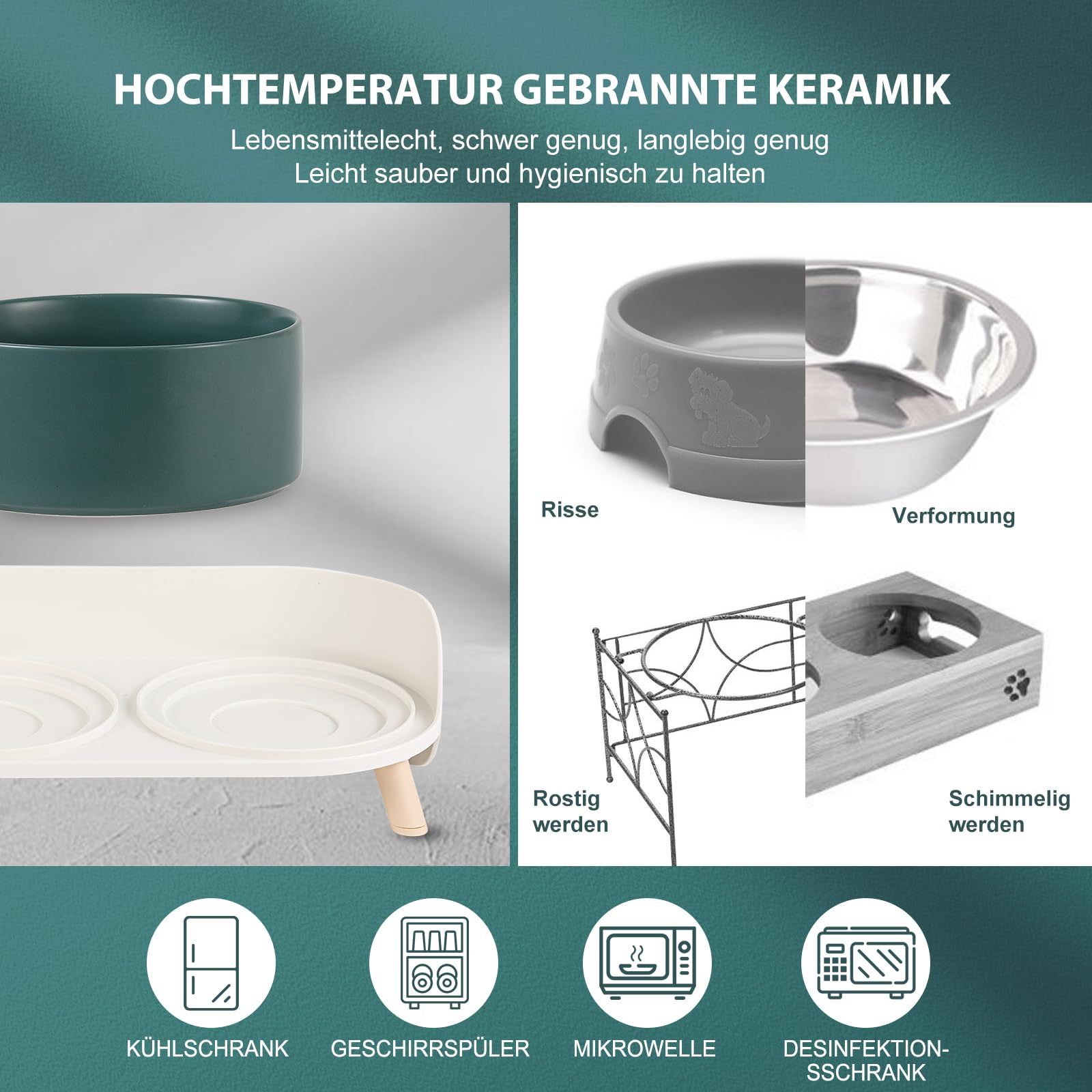 Erhöhter Katzennapf Aus Keramik – 2 Näpfe, Abnehmbar, Grün, Für Kleine Hunde & Katzen, Rutschfest