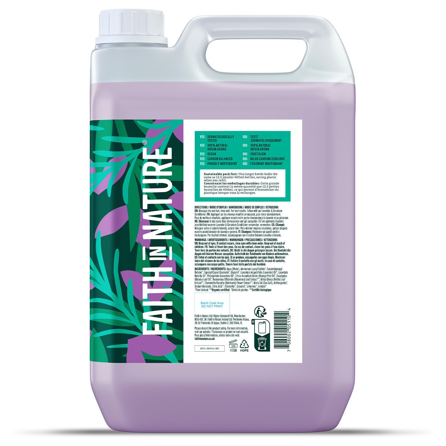 Faith In Nature Natürliches Lavendel- & Geranium-Shampoo, ausgleichend für normales Haar und Kopfhaut, vegan & tierversuchsfrei, ohne SLS, Silikone oder Parabene, 5-Liter-Nachfüllpack