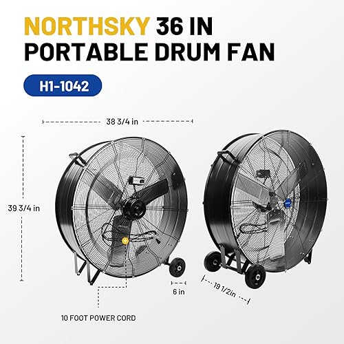 Vista 5 de NORTHSKY Ventilador de tambor industrial de 36 pulgadas, 15000 CFM de alta velocidad, 2 velocidades, potente motor de 1/3 HP, ventilador de granero