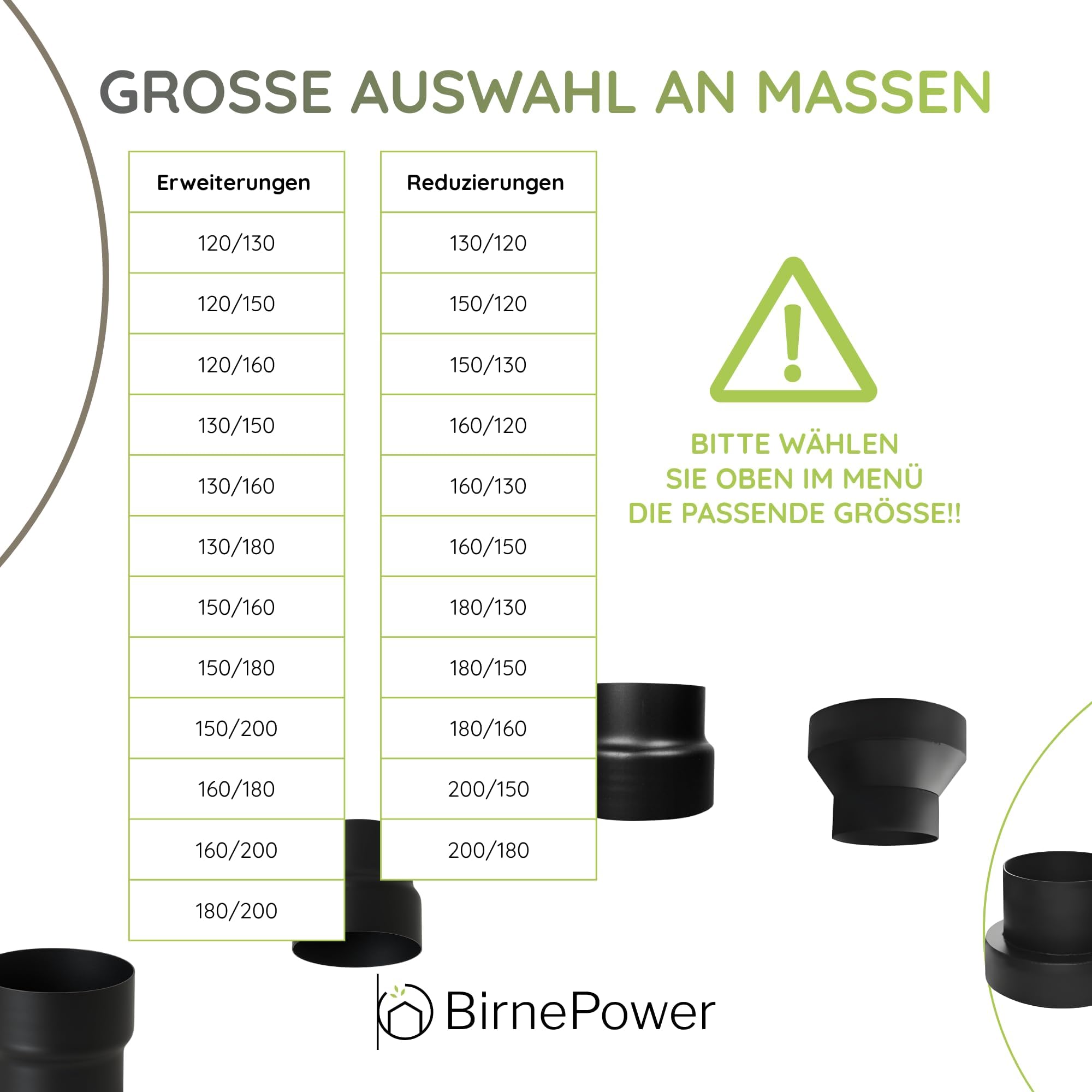 BirnePower Augmentation de Conduit de 160 à 180 mm, Revêtement Senotherm, Tuyau d'Évacuation des Fumées pour Poêle et Cheminée, Épaisseur 2 mm