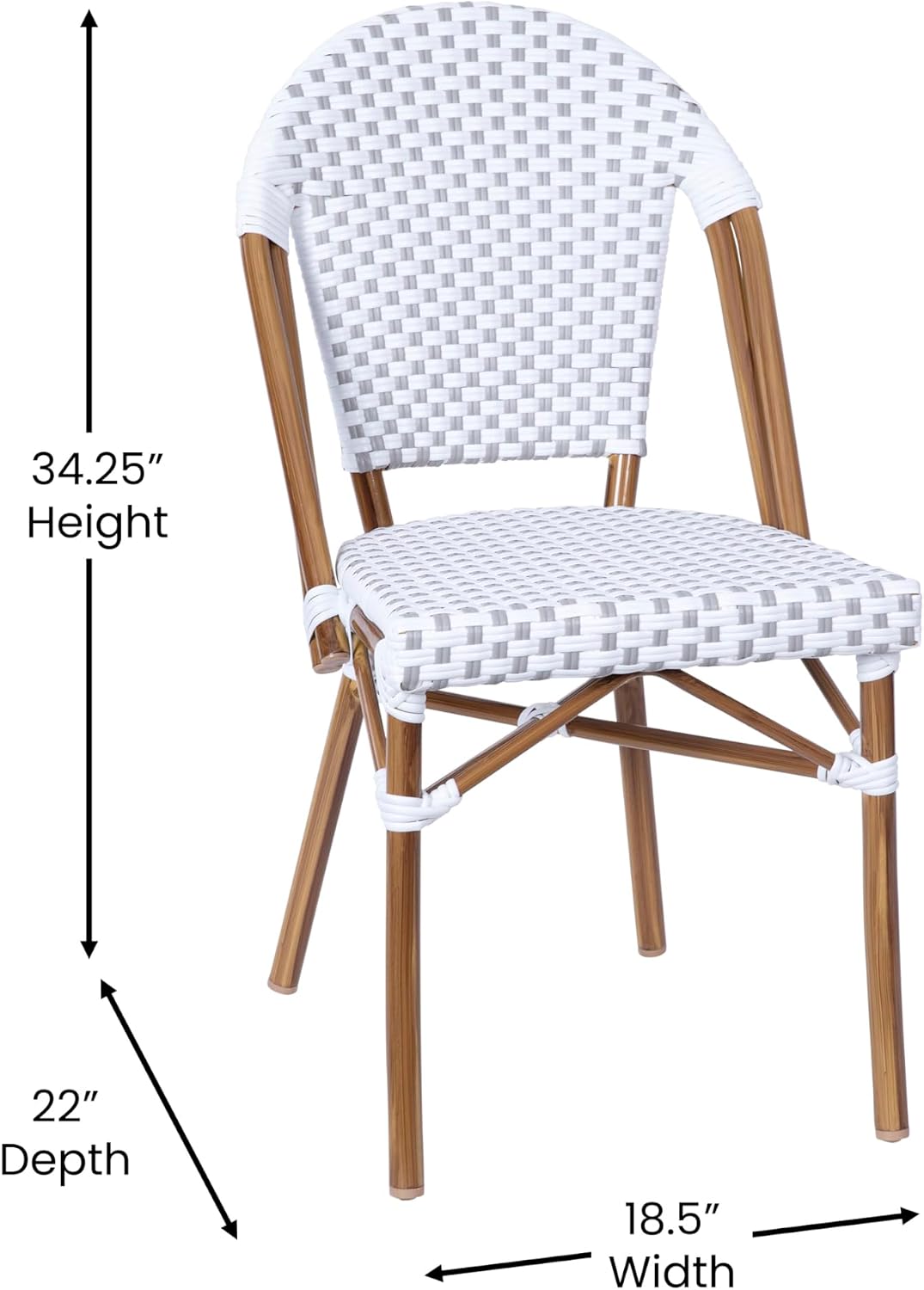 Flash Furniture Lourdes Set of 2 Indoor/Outdoor Commercial Bistro Stack Chairs - White/Gray PE Rattan Back and Seat - Natural Bamboo Print Aluminum Frame