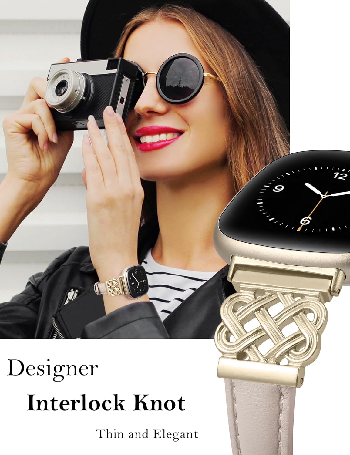 TOYOUTHS Celtic Knot Leather Band Compatible with Fitbit Versa 4/Versa 3/Fitbit Sense 2/Sense Band Women, Slim Dressy Thin Fashion Designer Premium Leather Strap for Versa 3 4 Sense 2 Smartwatch