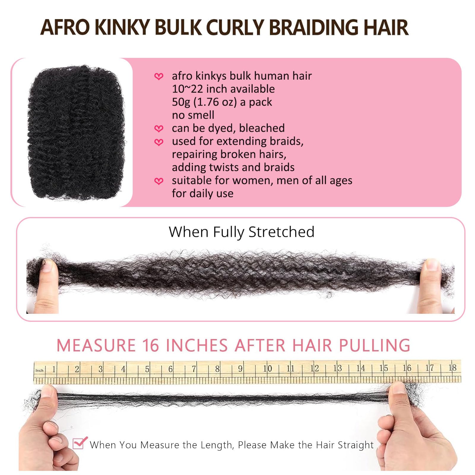 Huarisi 16 Inch 1b Afro Kinkys Bulk Human Hair for Dreadlocks Repair Braiding Twist Tight Afro Kinky Hair for Micro Locs 1 Bundles 50 Gram