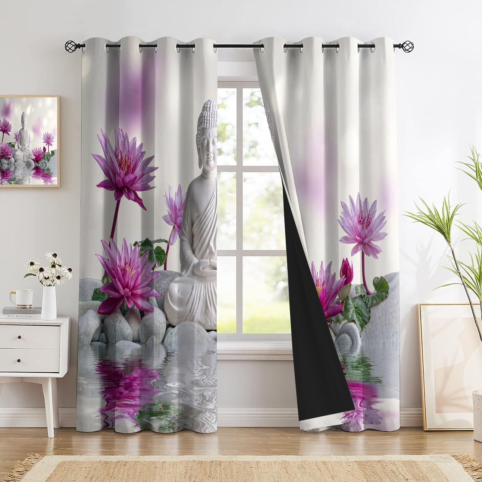Rideaux occultants zen fleur de lotus et bouddha 117x137cm - lot de 2